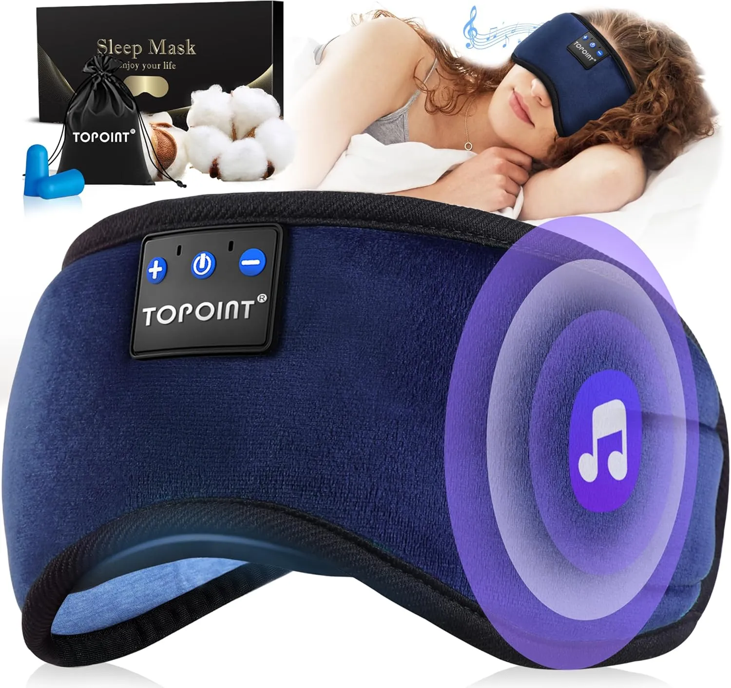 TOPOINT Sleep Headphones, Sleeping Headphones Bluetooth Sleep Mask with Bluetooth Headphones, Aid Sleep Light Blackout Sleeping Eye Mask Headphones for Sleeping Side Sleepers Men Women Girls