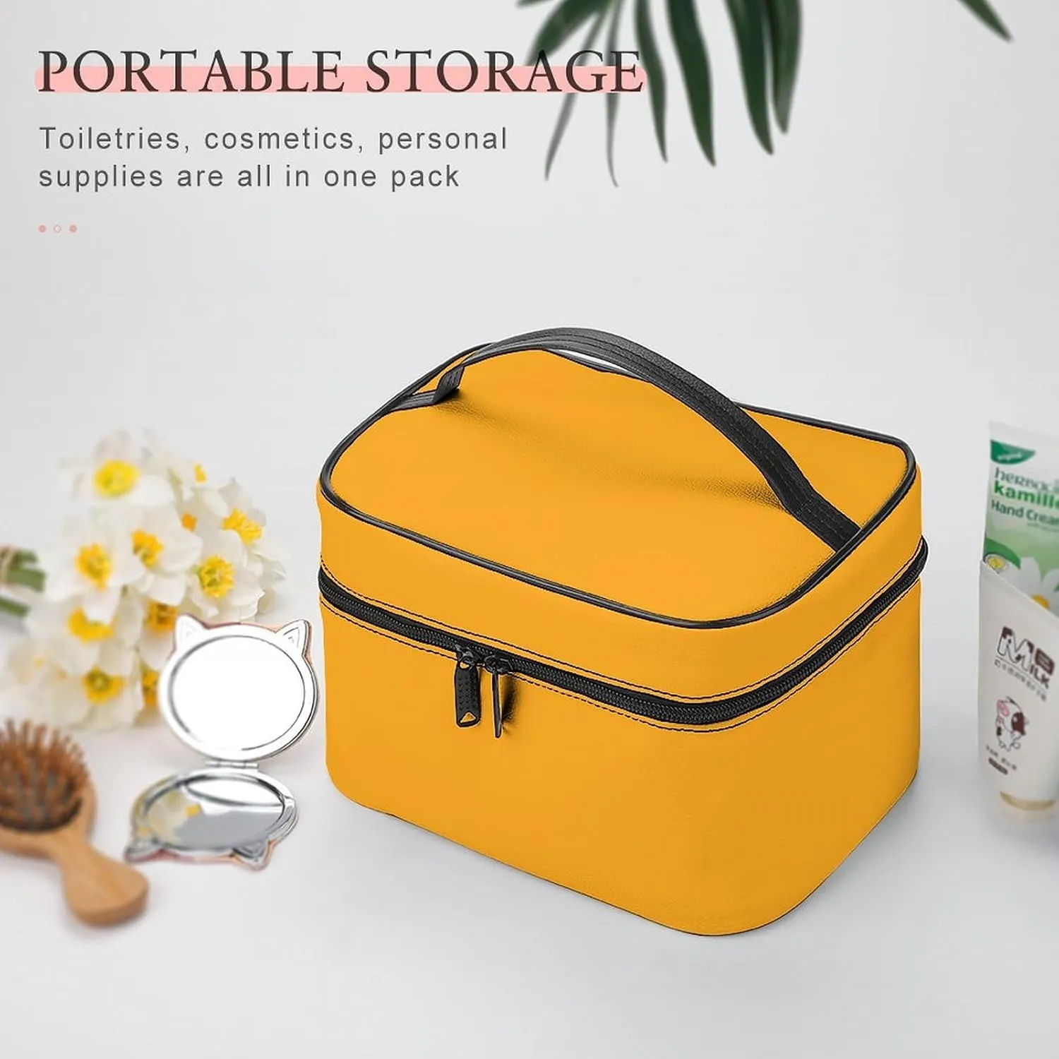 Travel Makeup Bag, Bright Yellow Pattern (Solid Color) Cosmetic Bags for Women Large Capacity Waterproof Toiletry Bag Make up Organizer