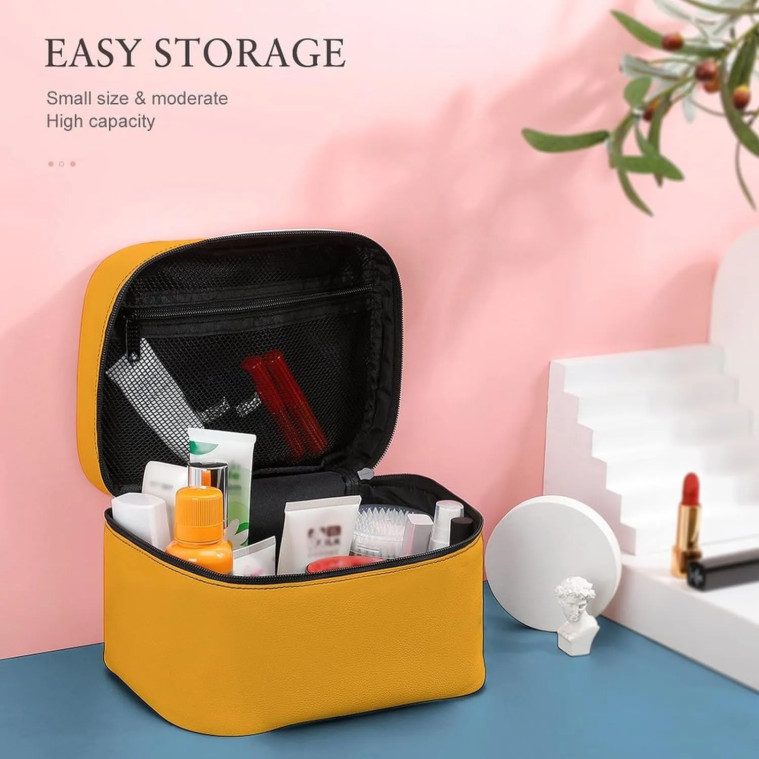 Travel Makeup Bag, Bright Yellow Pattern (Solid Color) Cosmetic Bags for Women Large Capacity Waterproof Toiletry Bag Make up Organizer