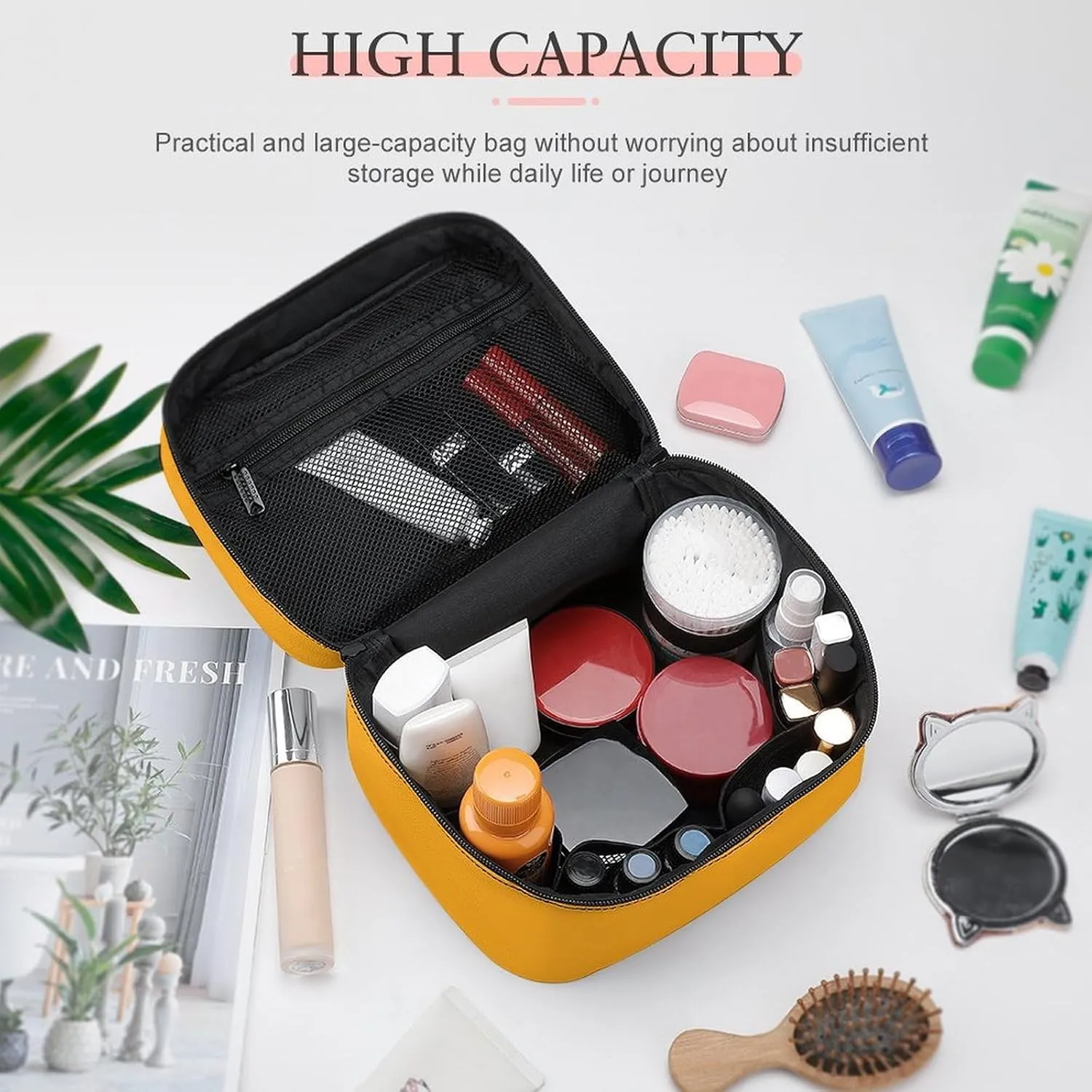 Travel Makeup Bag, Bright Yellow Pattern (Solid Color) Cosmetic Bags for Women Large Capacity Waterproof Toiletry Bag Make up Organizer