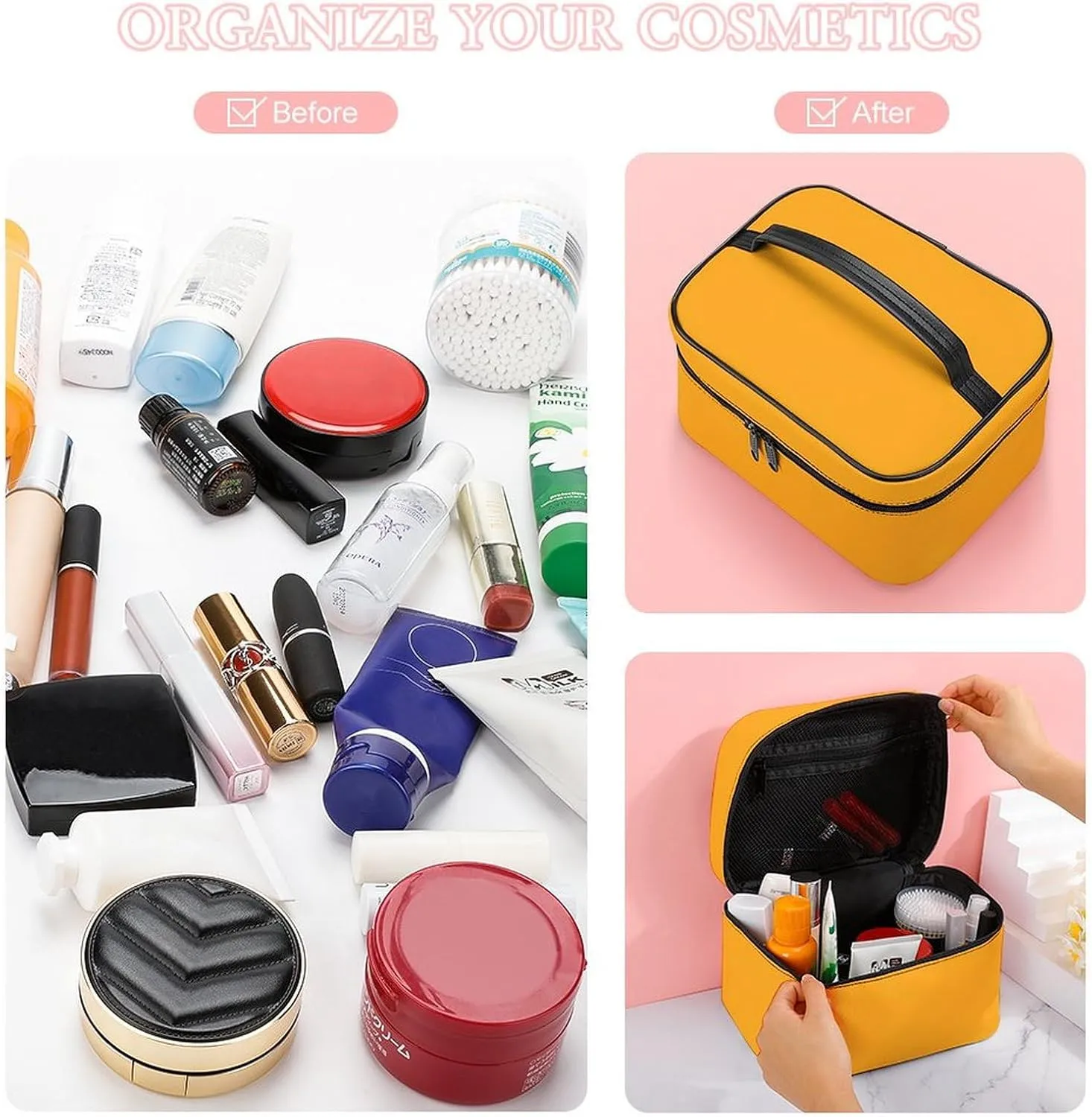 Travel Makeup Bag, Bright Yellow Pattern (Solid Color) Cosmetic Bags for Women Large Capacity Waterproof Toiletry Bag Make up Organizer
