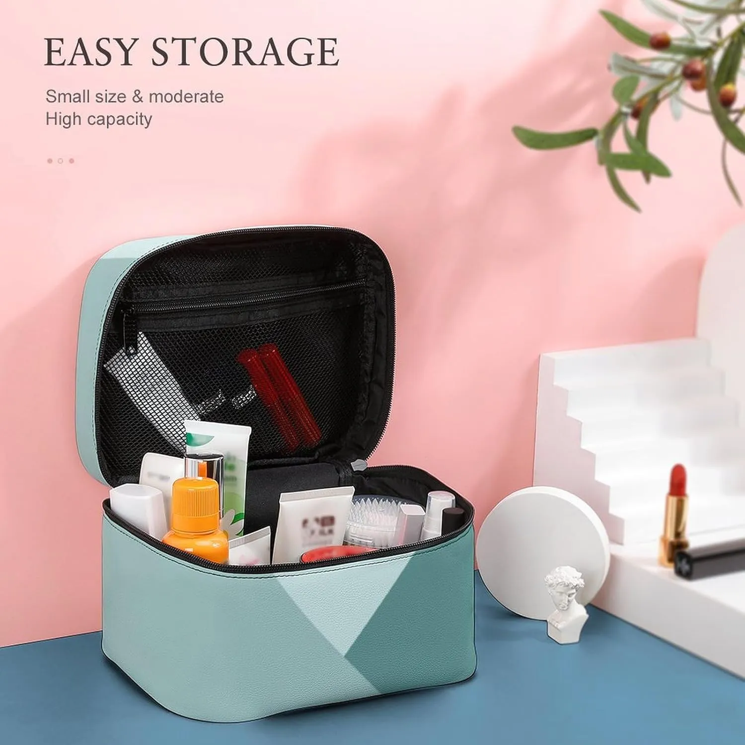 Travel Makeup Bag, Mint Teal Green Cosmetic Bags for Women Large Capacity Waterproof Toiletry Bag Make up Organizer