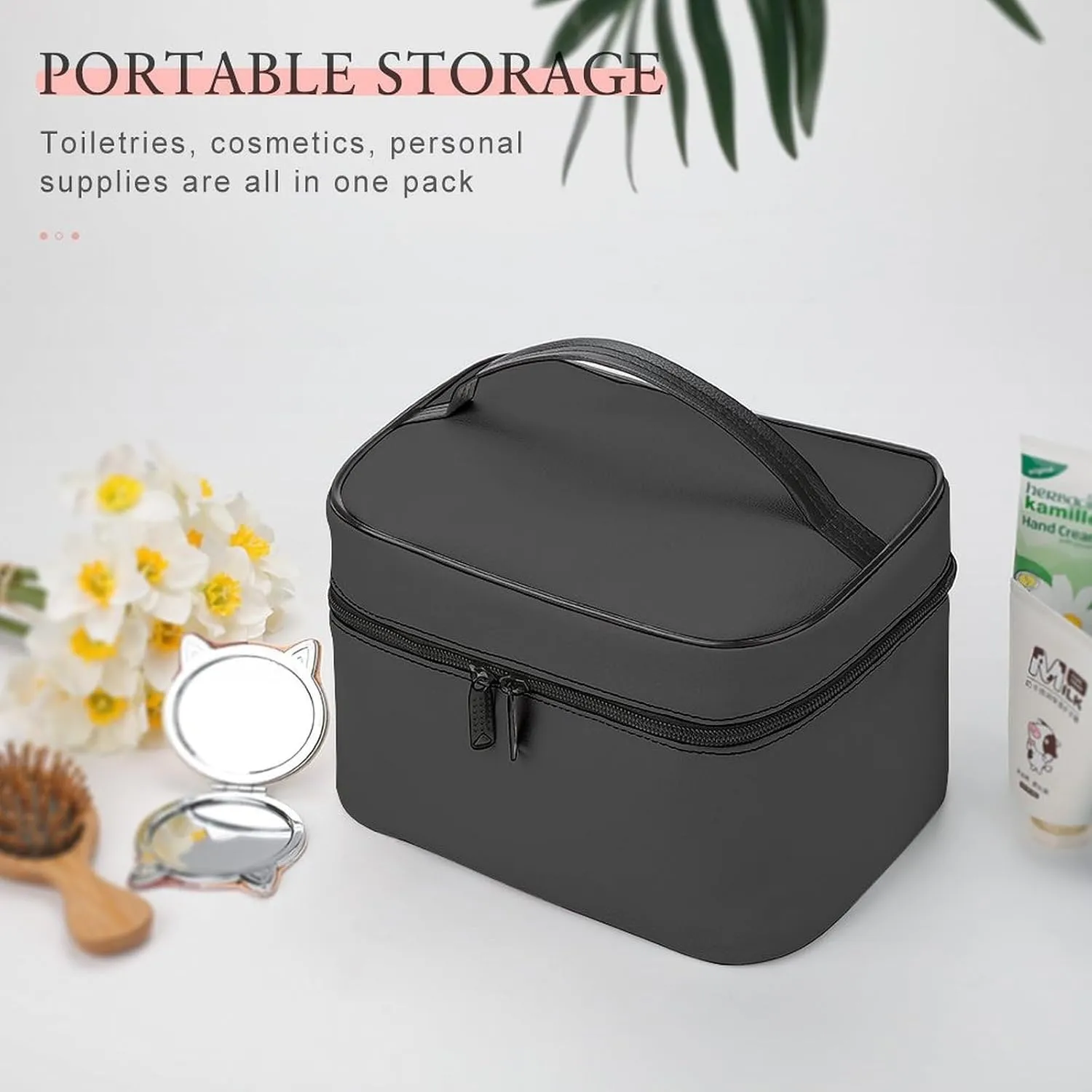 Travel Makeup Bag, Simple Dark Black Cosmetic Bags for Women Large Capacity Waterproof Toiletry Bag Make up Organizer
