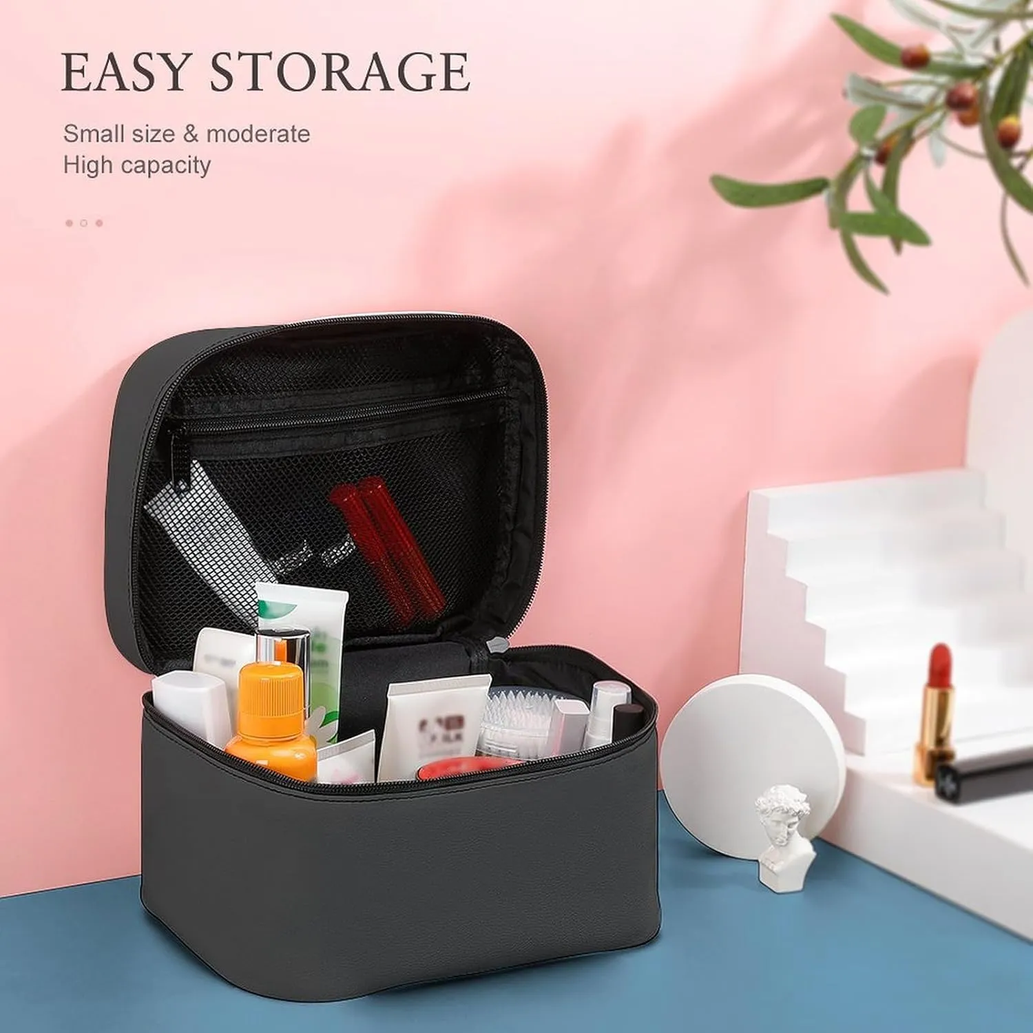 Travel Makeup Bag, Simple Dark Black Cosmetic Bags for Women Large Capacity Waterproof Toiletry Bag Make up Organizer