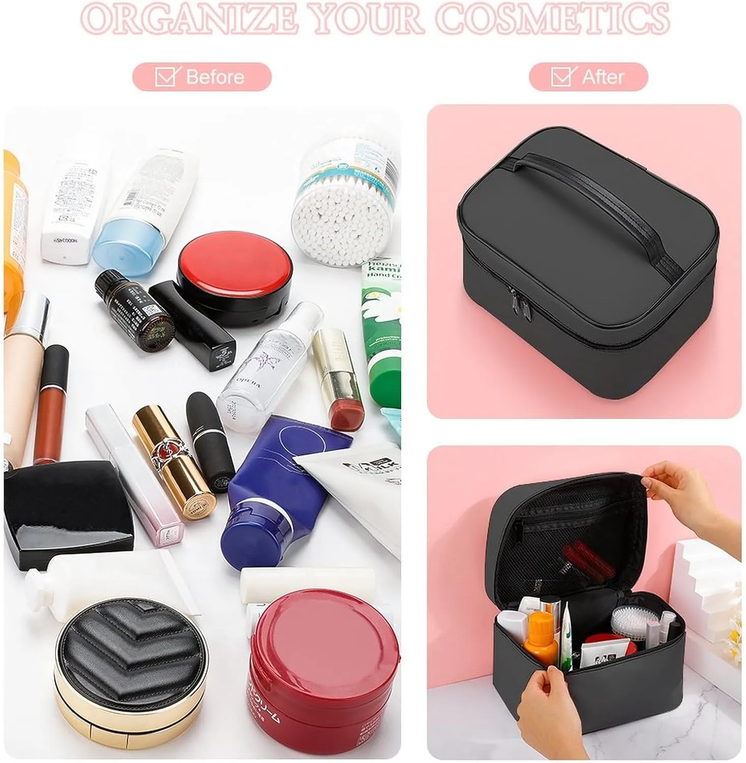 Travel Makeup Bag, Simple Dark Black Cosmetic Bags for Women Large Capacity Waterproof Toiletry Bag Make up Organizer