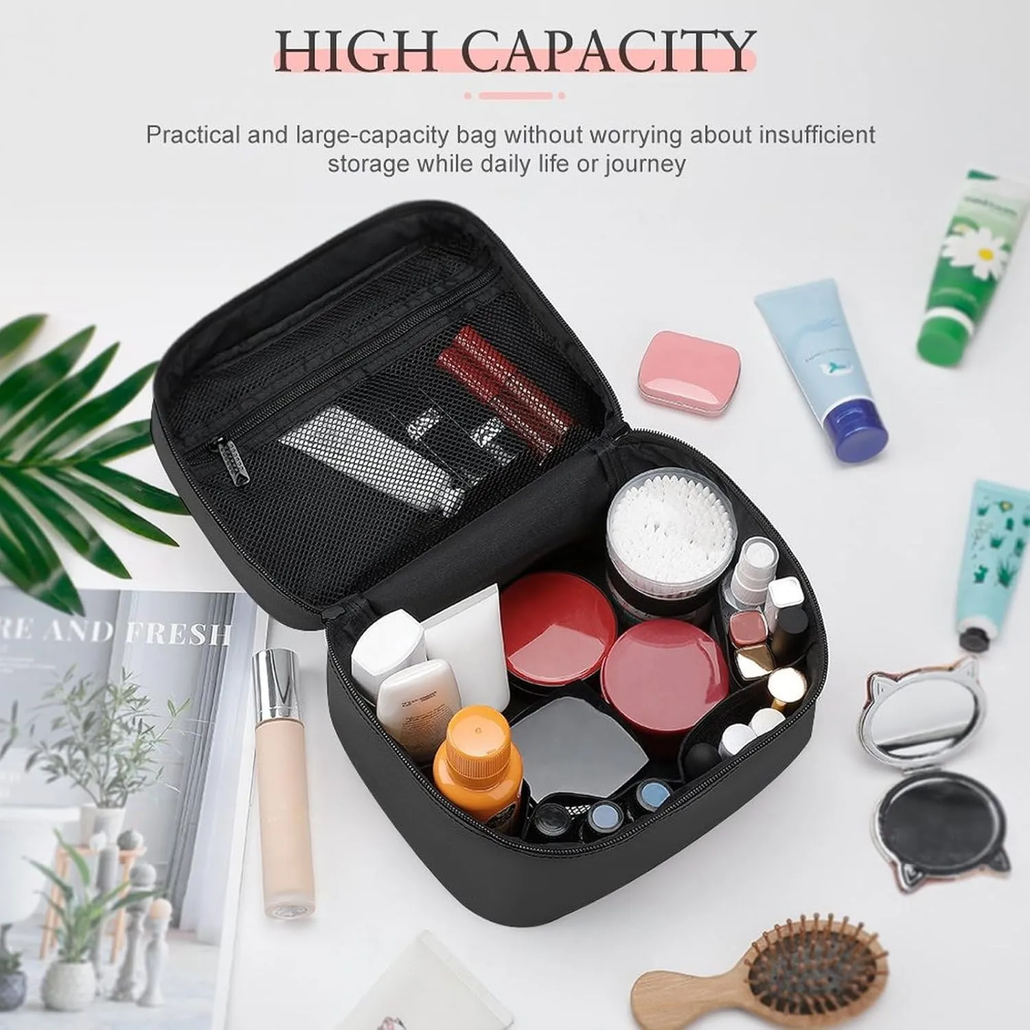 Travel Makeup Bag, Simple Dark Black Cosmetic Bags for Women Large Capacity Waterproof Toiletry Bag Make up Organizer