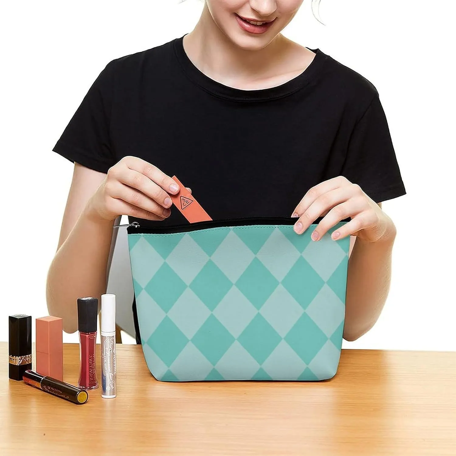 Travel Makeup Bag, Teal Diamond Cosmetic Bags for Women Large Capacity Waterproof Toiletry Pouch Make up Organizer