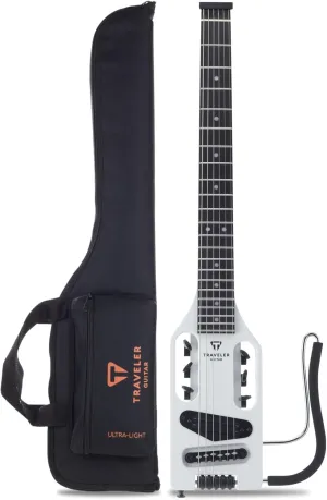 Traveler Guitar Ultra-Light Electric Guitar Satin White | Portable Electric with Removable Lap Rest | Full 24 3/4" Scale Headless Guitar | Custom Gig Bag Included