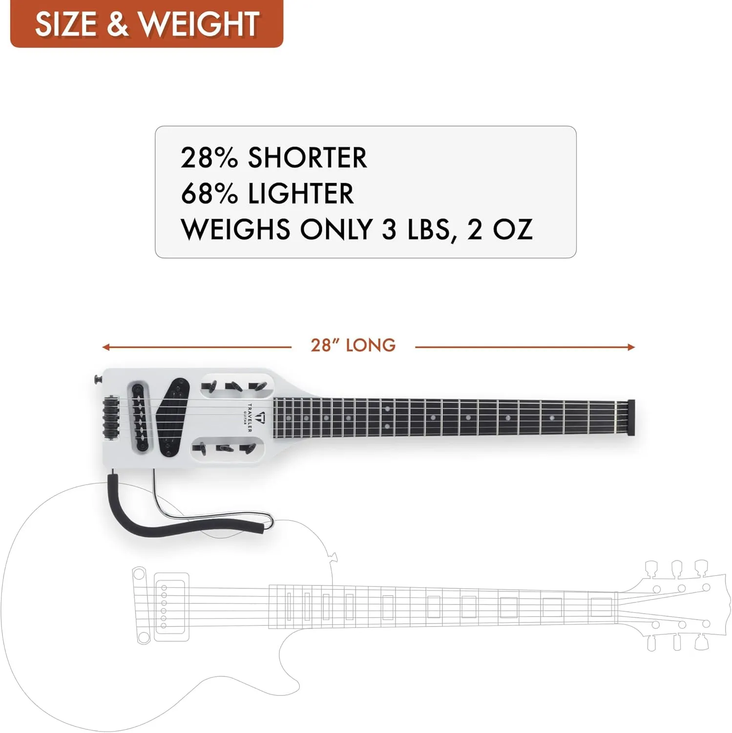 Traveler Guitar Ultra-Light Electric Guitar Satin White | Portable Electric with Removable Lap Rest | Full 24 3/4" Scale Headless Guitar | Custom Gig Bag Included