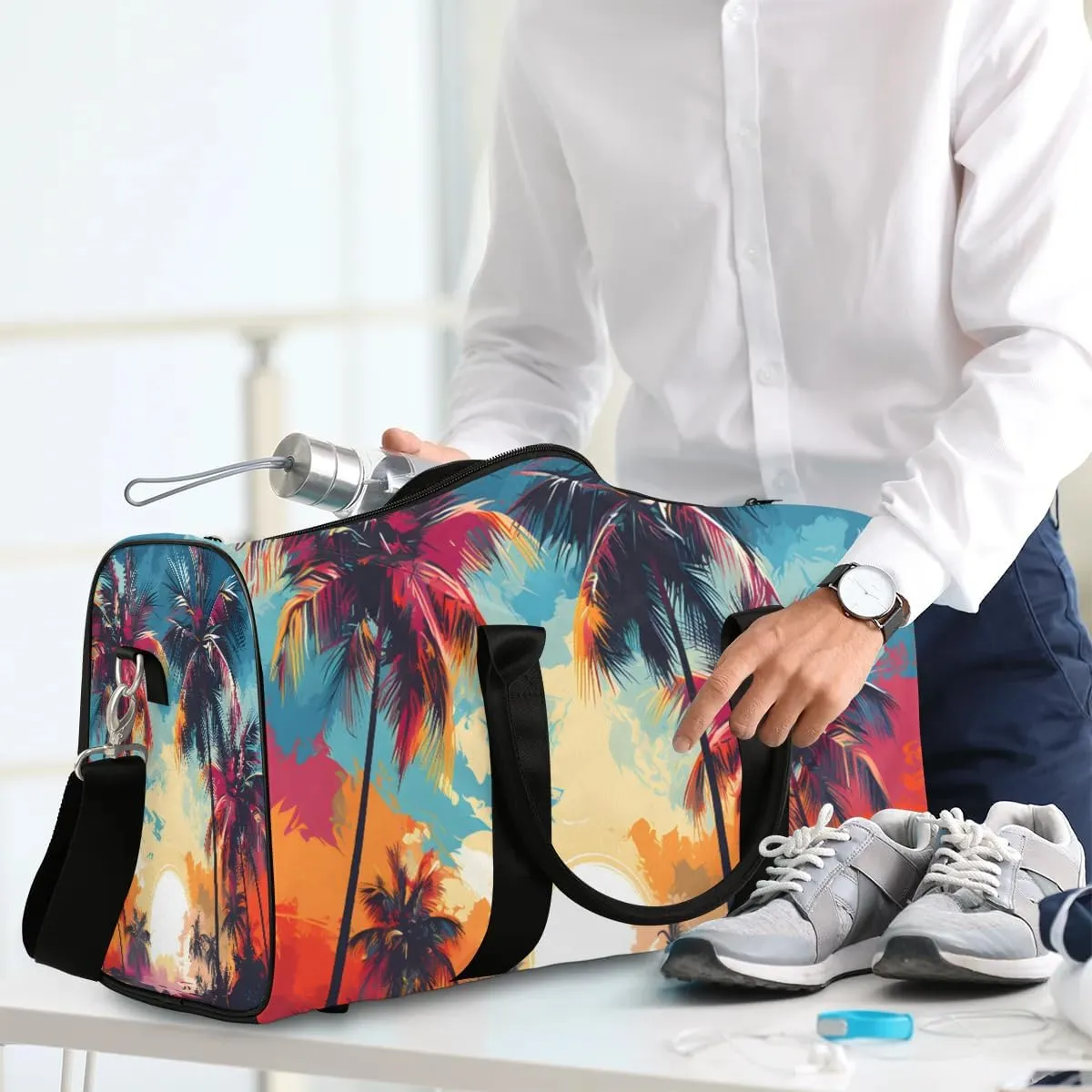 Tropical Palm Leaf Travel Duffel Bag for Women Men Waterproof Foldable Overnight Weekender Bag Large Capacity Sports Gym Bag
