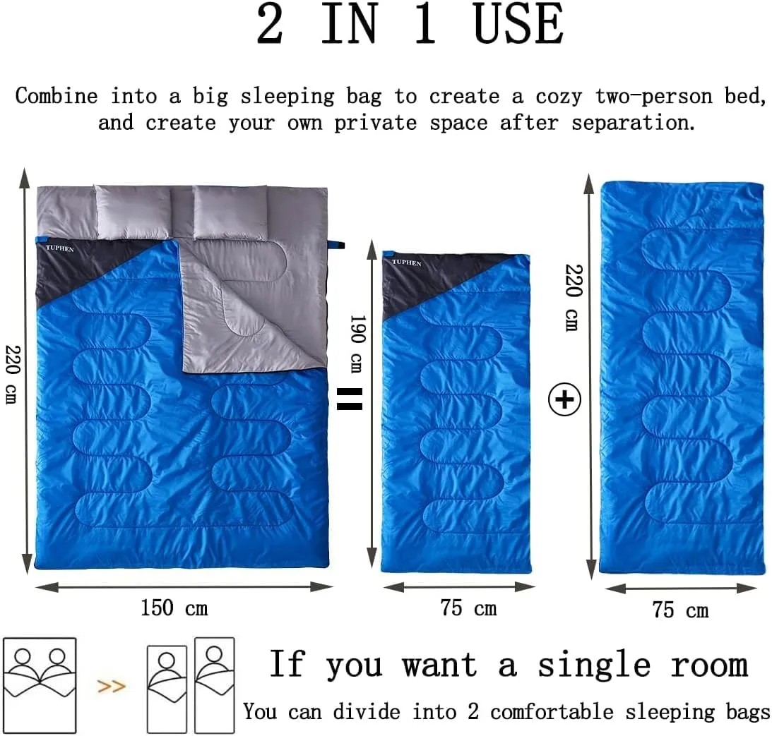 Tuphen Double Sleeping Bag, Sleeping Bag with 2 Pillows, Queen Size XL Bag for 2 People, Cold Warm Weather- 3 Seasons, Waterproof Adults for Camping, Backpacking or Hiking