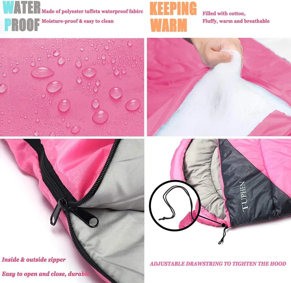 tuphen- Sleeping Bags for Adults Kids Boys Girls Backpacking Hiking Camping Microfiber Liner, Cold Warm Weather 4 Seasons Indoor Outdoor Use, Lightweight & Waterproof