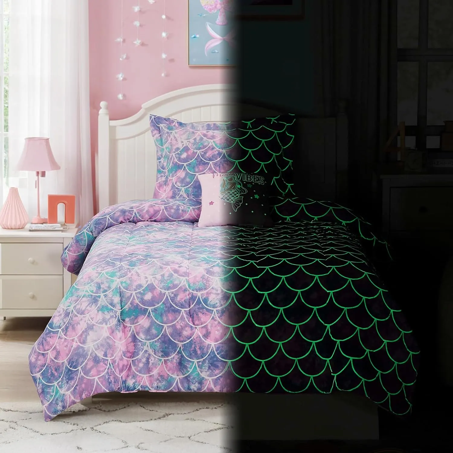 Twin Comforter Set for Girls-3 Pieces Mermaid Glow in The Dark Twin Bedding Sets for Kids,1 Comforter,1 Sham and 1 Decor Pillow