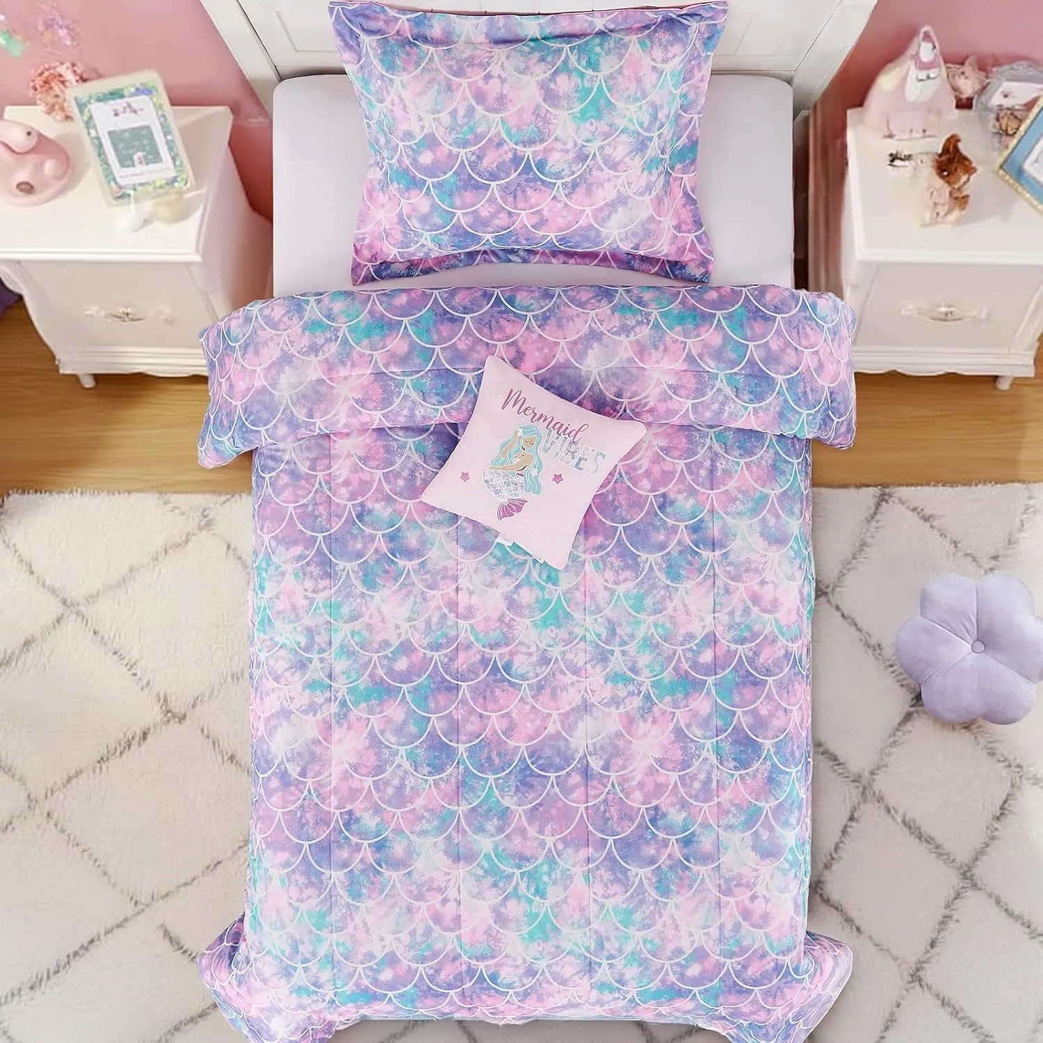 Twin Comforter Set for Girls-3 Pieces Mermaid Glow in The Dark Twin Bedding Sets for Kids,1 Comforter,1 Sham and 1 Decor Pillow