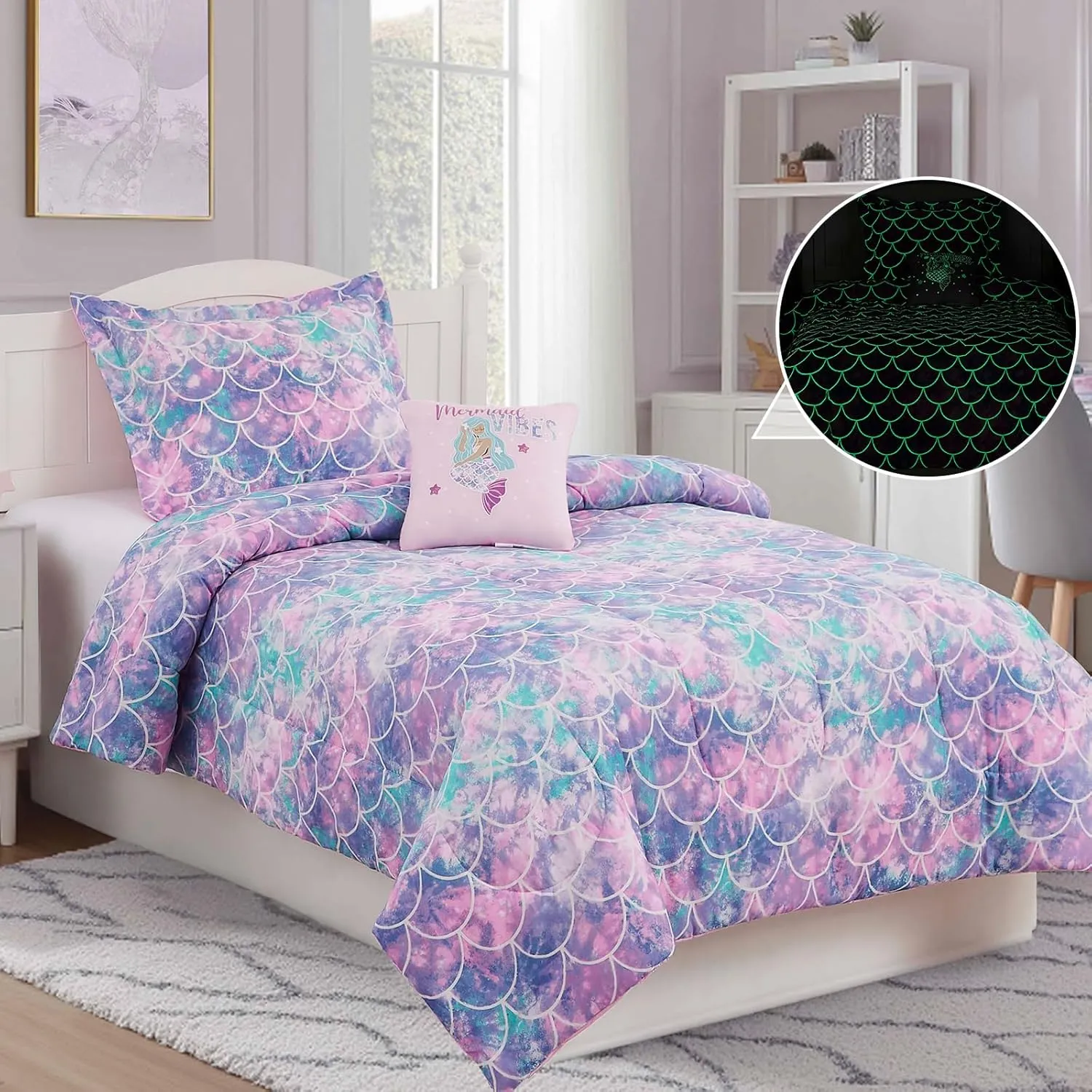 Twin Comforter Set for Girls-3 Pieces Mermaid Glow in The Dark Twin Bedding Sets for Kids,1 Comforter,1 Sham and 1 Decor Pillow