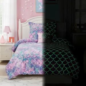 Twin Comforter Set for Girls-3 Pieces Mermaid Glow in The Dark Twin Bedding Sets for Kids,1 Comforter,1 Sham and 1 Decor Pillow