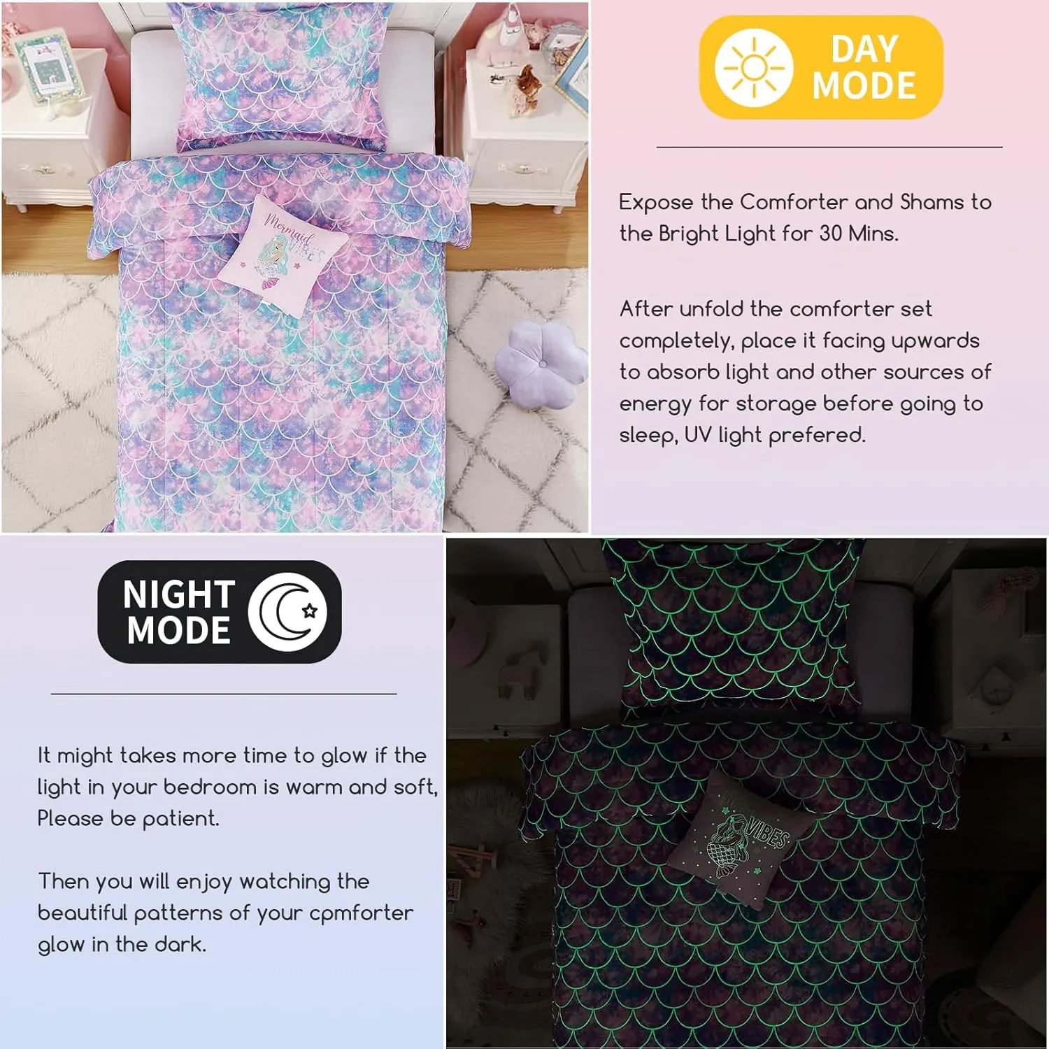 Twin Comforter Set for Girls-3 Pieces Mermaid Glow in The Dark Twin Bedding Sets for Kids,1 Comforter,1 Sham and 1 Decor Pillow