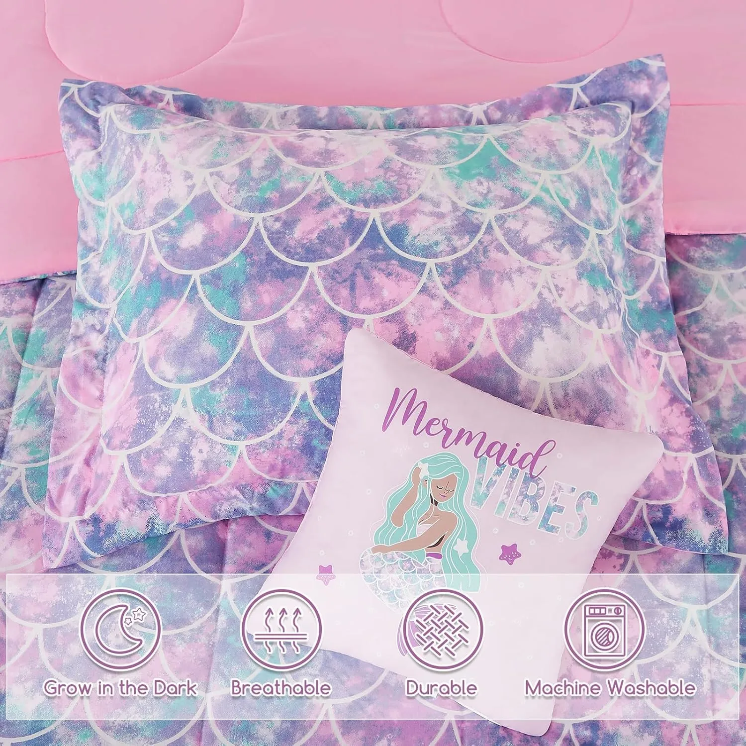 Twin Comforter Set for Girls-3 Pieces Mermaid Glow in The Dark Twin Bedding Sets for Kids,1 Comforter,1 Sham and 1 Decor Pillow