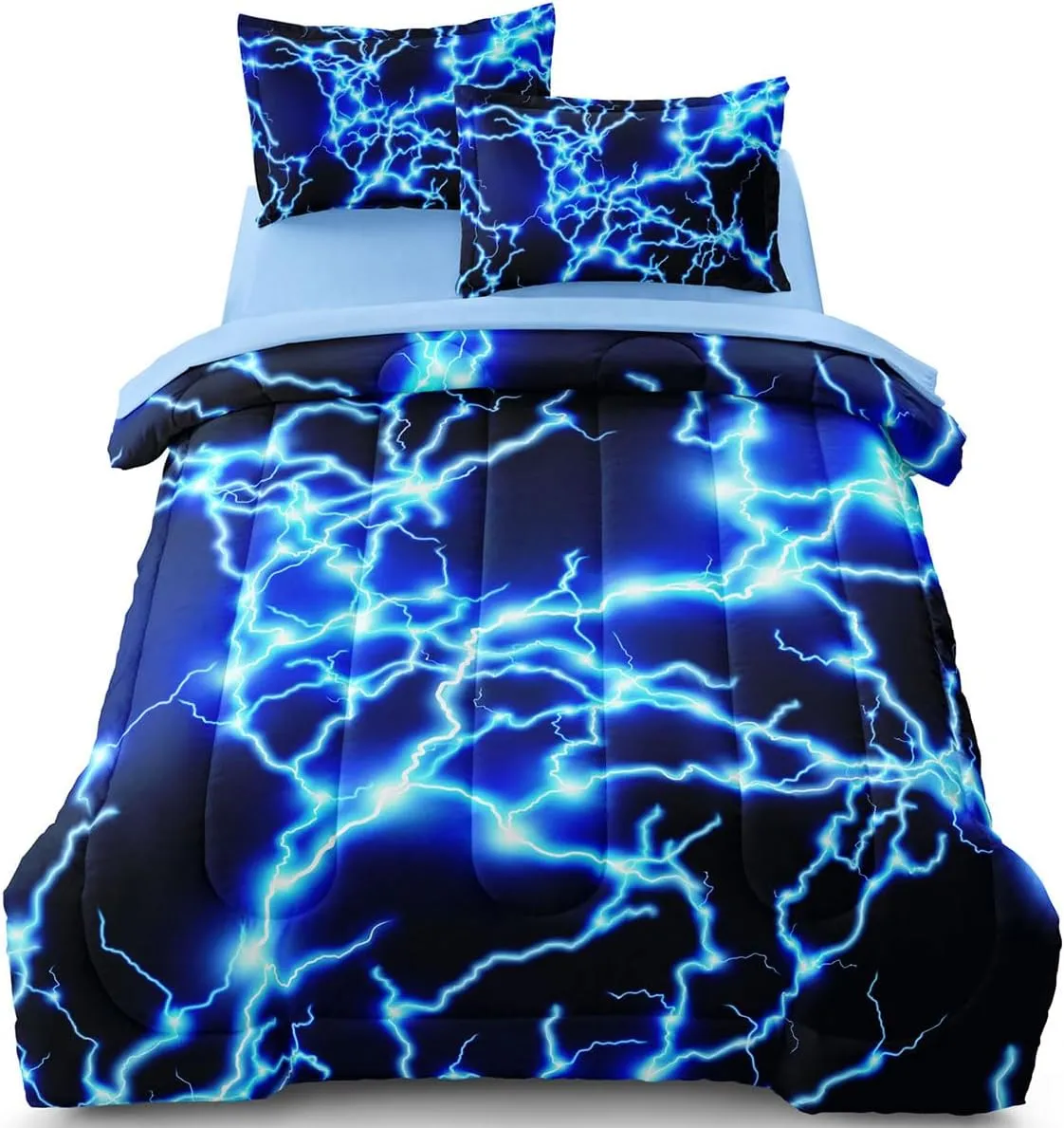Twin Size Bed in A Bag Lightning Bedding Set for Boys Blue Comforter with Sheet Set, 5 Pieces Kids Teen Cool Quilt Bedding Set