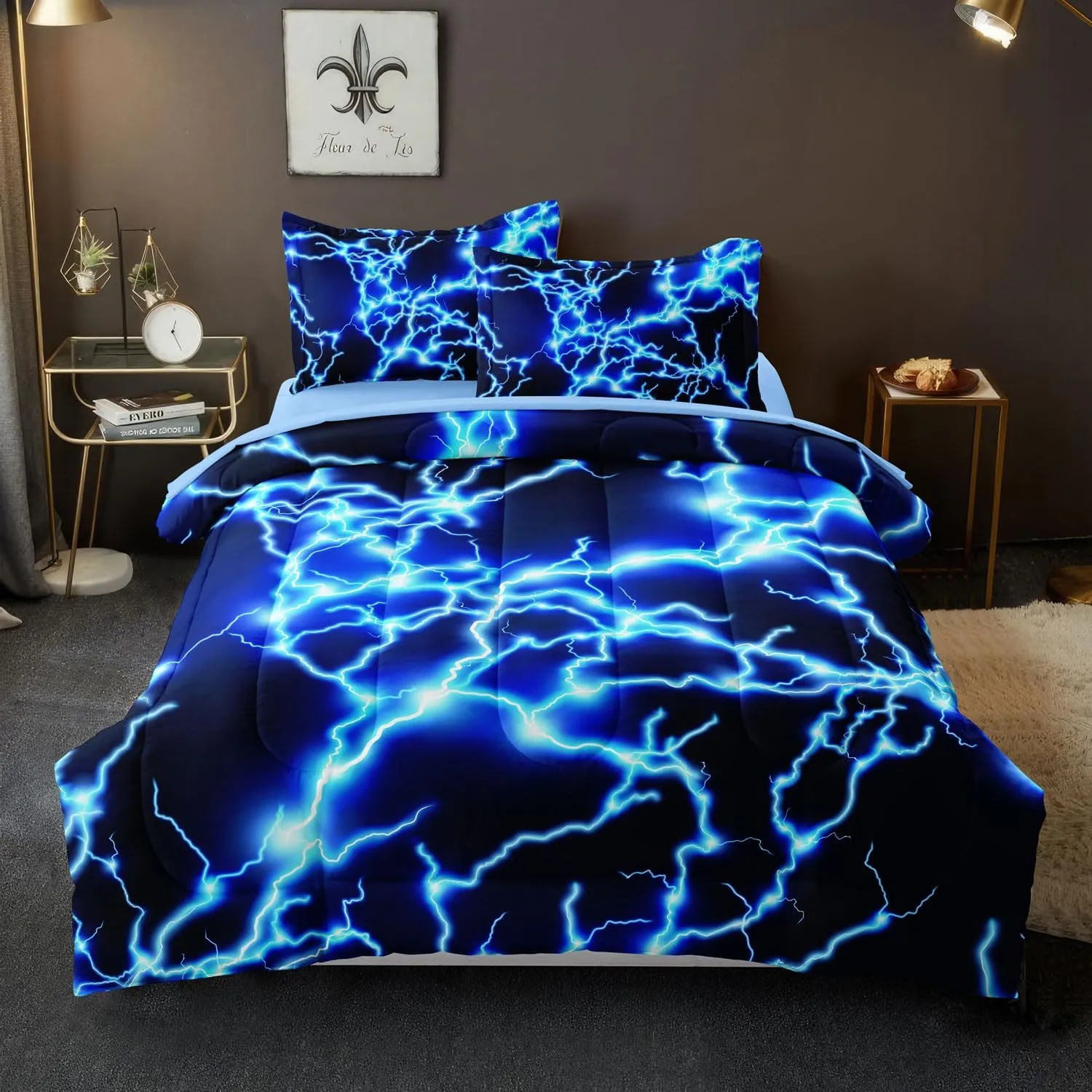 Twin Size Bed in A Bag Lightning Bedding Set for Boys Blue Comforter with Sheet Set, 5 Pieces Kids Teen Cool Quilt Bedding Set