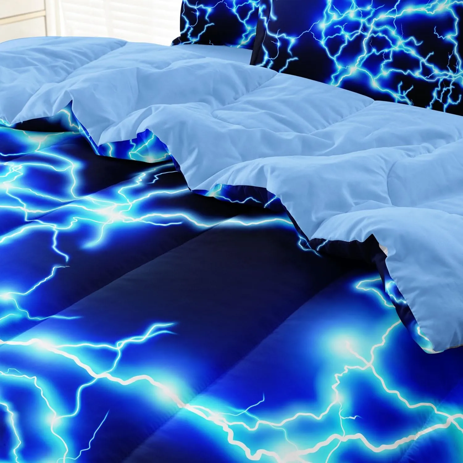 Twin Size Bed in A Bag Lightning Bedding Set for Boys Blue Comforter with Sheet Set, 5 Pieces Kids Teen Cool Quilt Bedding Set