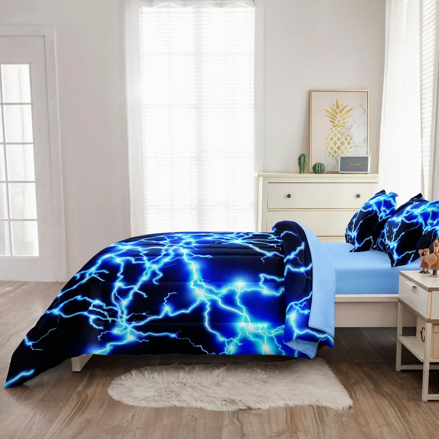 Twin Size Bed in A Bag Lightning Bedding Set for Boys Blue Comforter with Sheet Set, 5 Pieces Kids Teen Cool Quilt Bedding Set