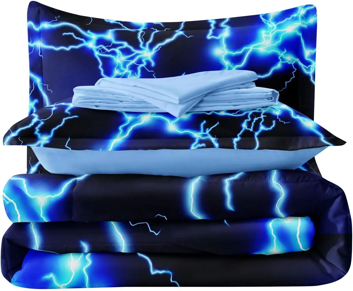 Twin Size Bed in A Bag Lightning Bedding Set for Boys Blue Comforter with Sheet Set, 5 Pieces Kids Teen Cool Quilt Bedding Set