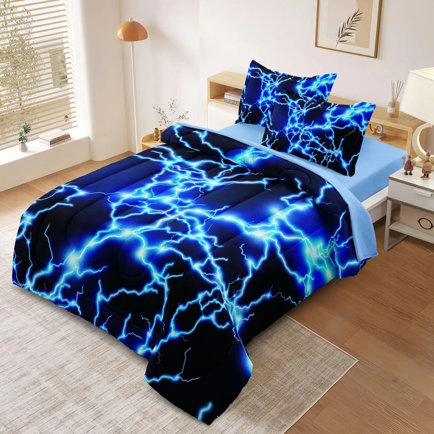 Twin Size Bed in A Bag Lightning Bedding Set for Boys Blue Comforter with Sheet Set, 5 Pieces Kids Teen Cool Quilt Bedding Set