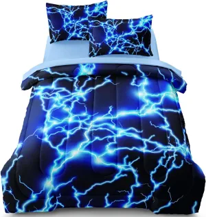 Twin Size Bed in A Bag Lightning Bedding Set for Boys Blue Comforter with Sheet Set, 5 Pieces Kids Teen Cool Quilt Bedding Set