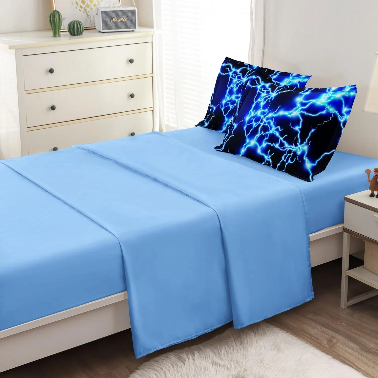 Twin Size Bed in A Bag Lightning Bedding Set for Boys Blue Comforter with Sheet Set, 5 Pieces Kids Teen Cool Quilt Bedding Set