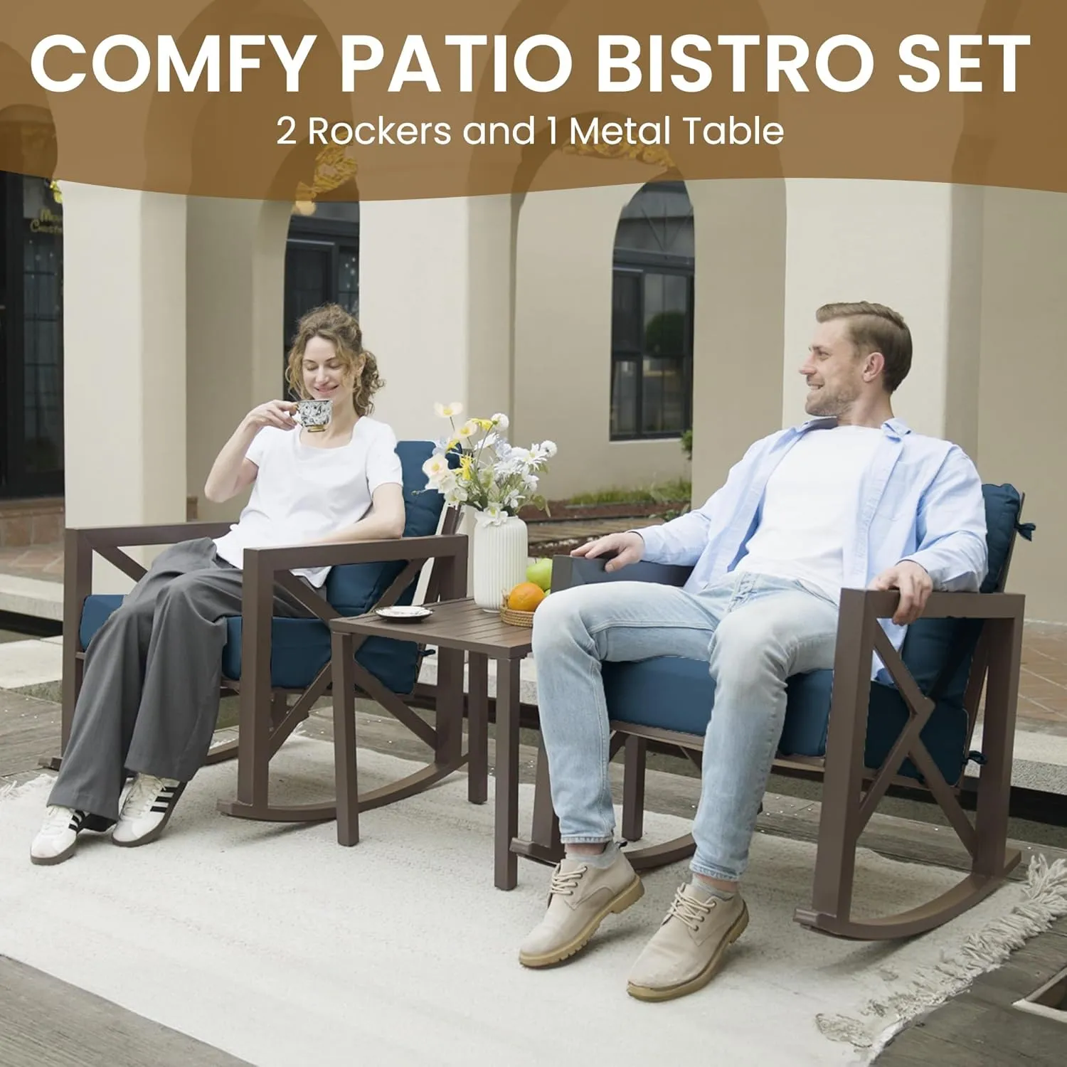 UDPATIO Rocking Chair Outdoor Set 2 with Coffee Table, 3 Piece Metal Rocking Bistro Set with 6.5" Water-Resistant Cushions, Oversized, 350lbs Heavy-Duty, for Porch, Patio, Balcony, Navy