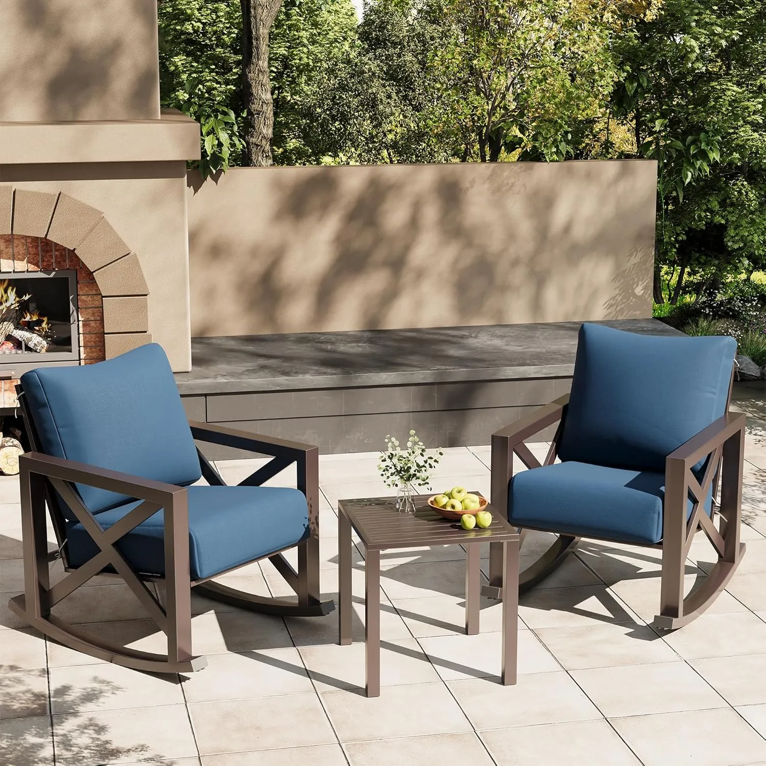 UDPATIO Rocking Chair Outdoor Set 2 with Coffee Table, 3 Piece Metal Rocking Bistro Set with 6.5" Water-Resistant Cushions, Oversized, 350lbs Heavy-Duty, for Porch, Patio, Balcony, Navy