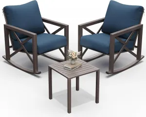UDPATIO Rocking Chair Outdoor Set 2 with Coffee Table, 3 Piece Metal Rocking Bistro Set with 6.5" Water-Resistant Cushions, Oversized, 350lbs Heavy-Duty, for Porch, Patio, Balcony, Navy
