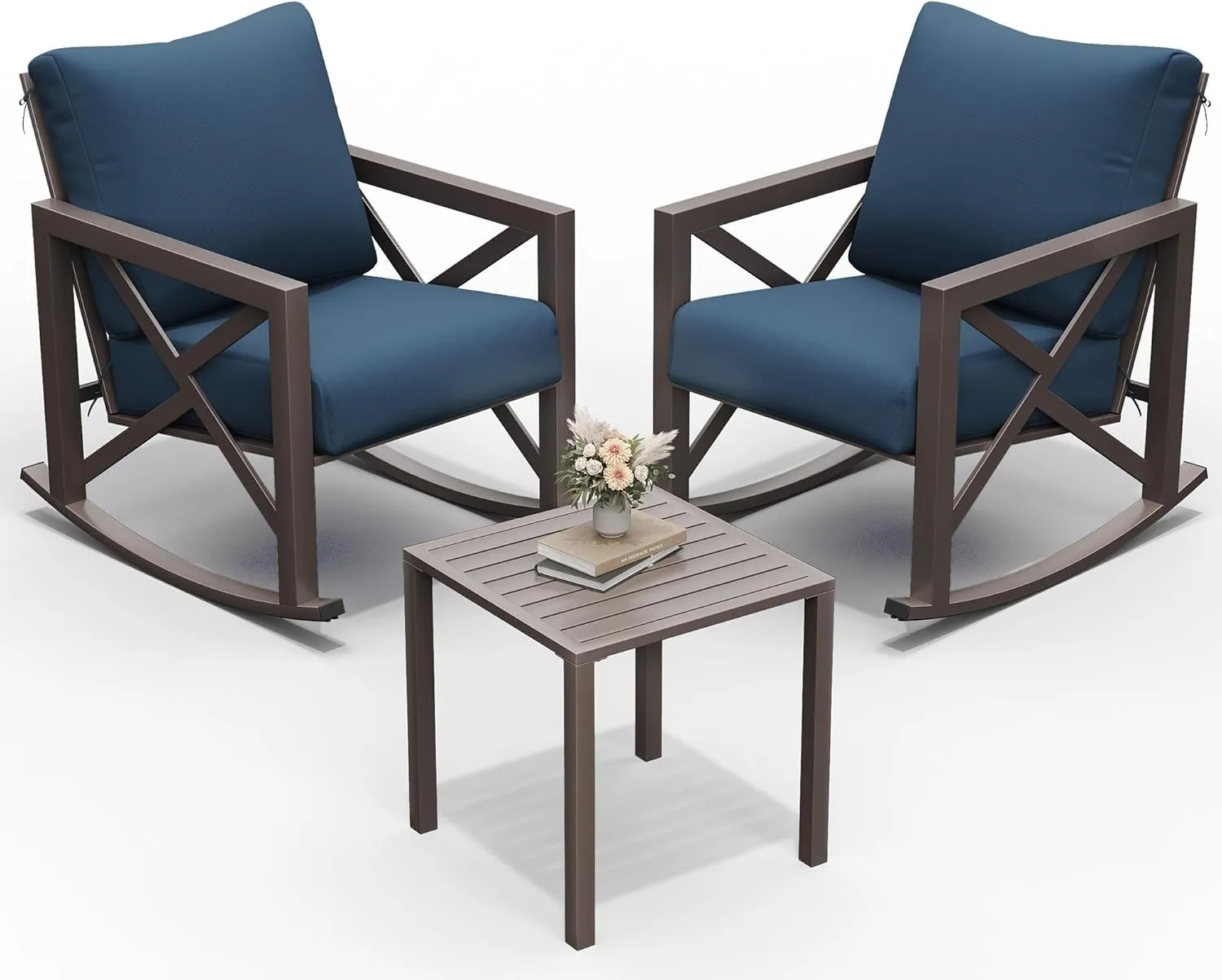 UDPATIO Rocking Chair Outdoor Set 2 with Coffee Table, 3 Piece Metal Rocking Bistro Set with 6.5" Water-Resistant Cushions, Oversized, 350lbs Heavy-Duty, for Porch, Patio, Balcony, Navy