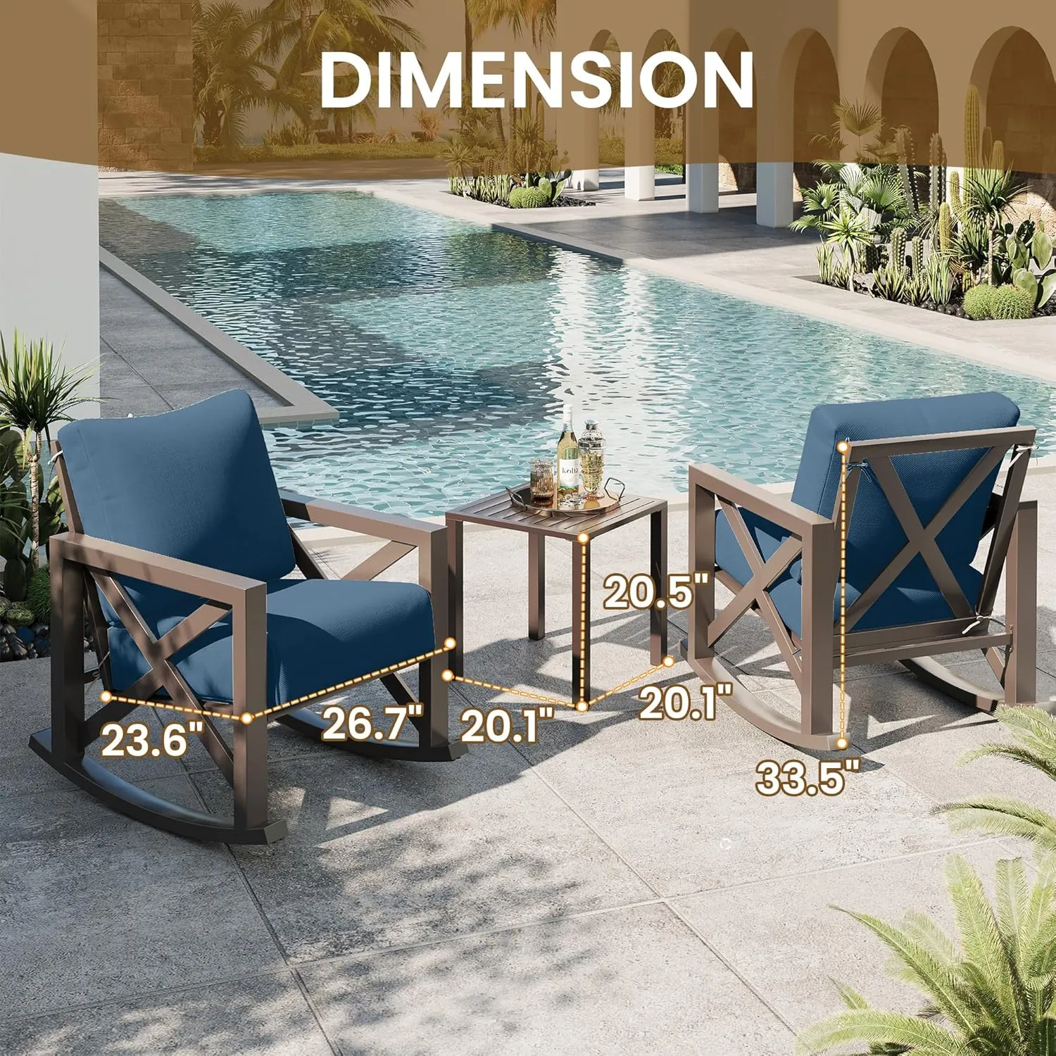 UDPATIO Rocking Chair Outdoor Set 2 with Coffee Table, 3 Piece Metal Rocking Bistro Set with 6.5" Water-Resistant Cushions, Oversized, 350lbs Heavy-Duty, for Porch, Patio, Balcony, Navy