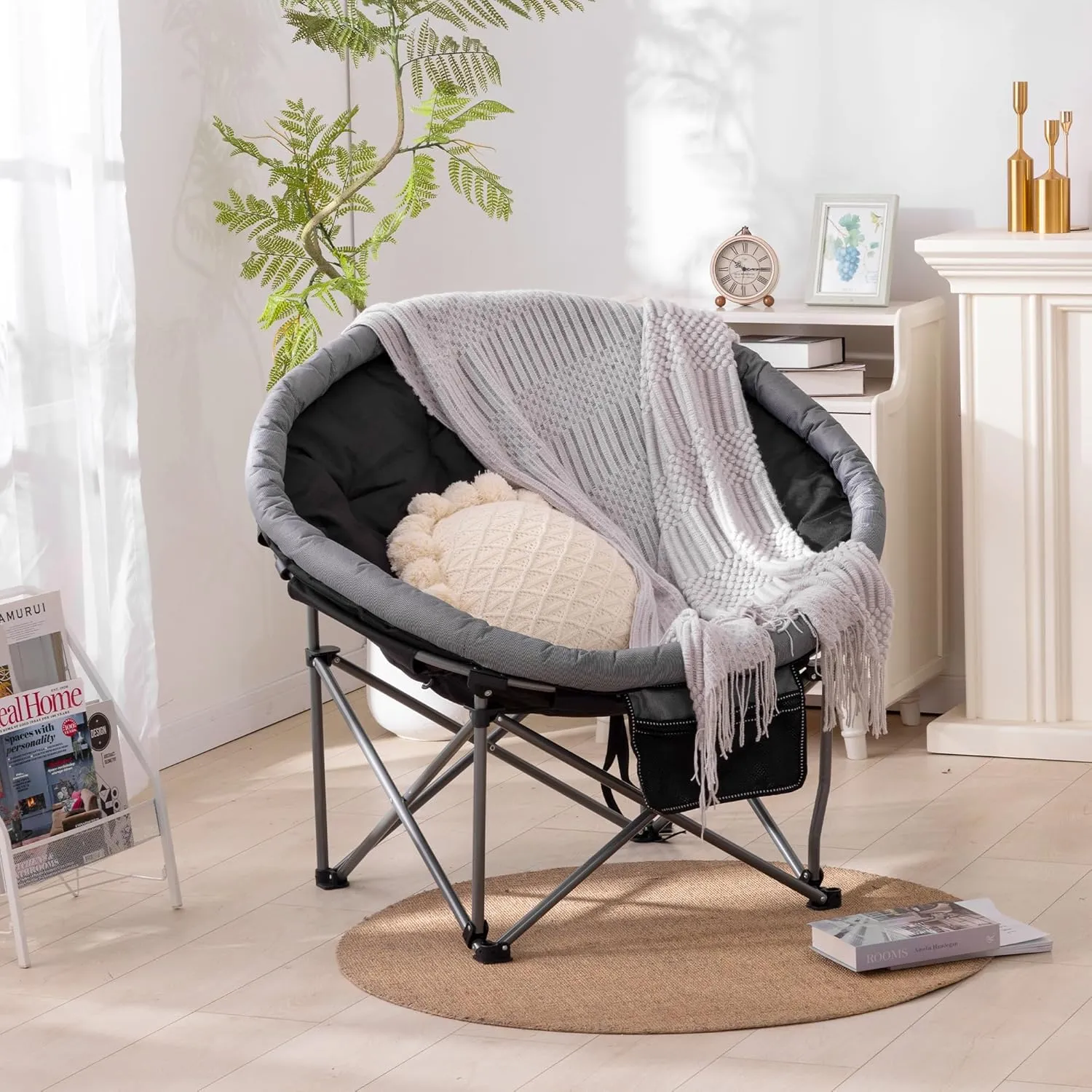 UMINEUX Oversized Camping Chair, Heavy-Duty Saucer Chair for Adults, 350 lb. Capacity, Padded, Folding, Portable Large Cozy Circle Chair with Storage Bag for Outdoor, Patio, Balcony