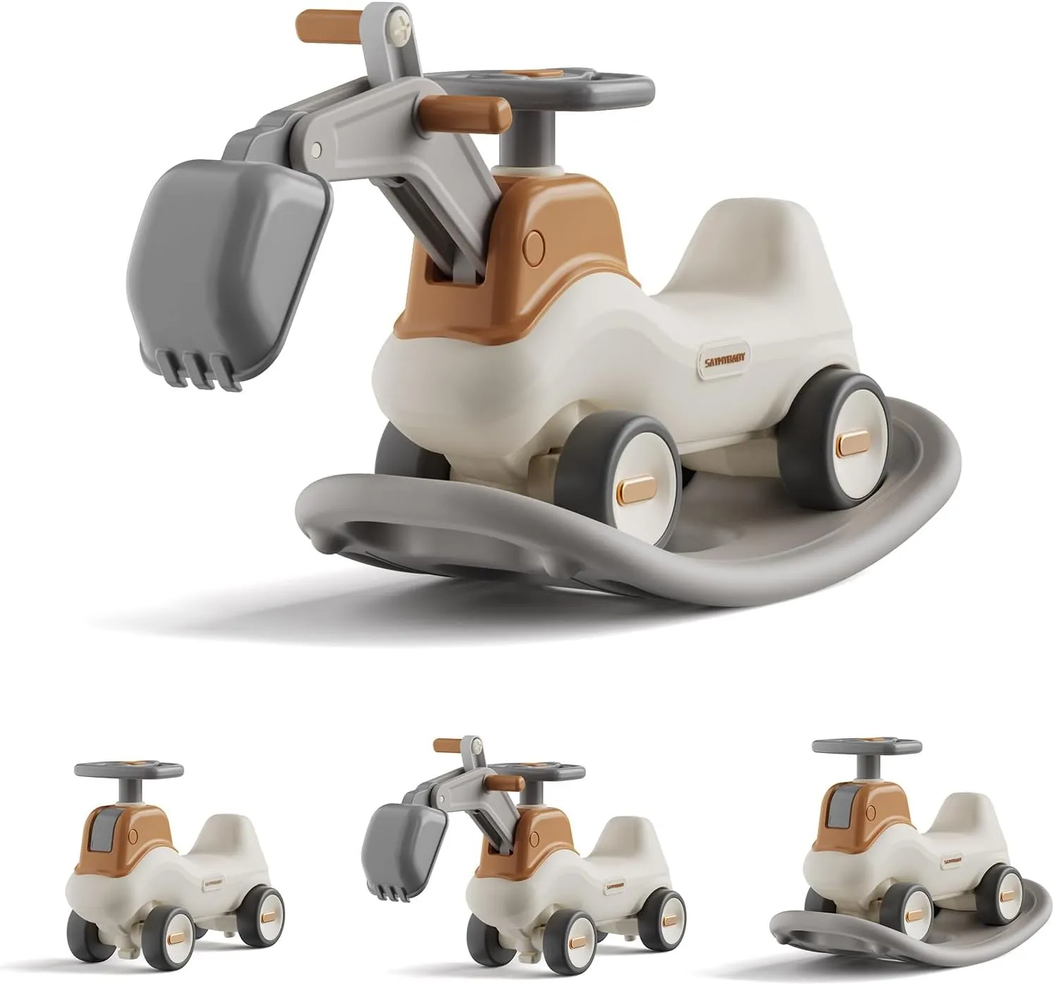 UNICOO® 4-in-1 Excavator Rocker n Ride, Ride-On Baby Balance Bike with Detachable Balance Board, Toddler Rocking Chair, Movable Arm, Ride On Toys for Toddlers 3-5, Indoor Outdoor (Gray & White)
