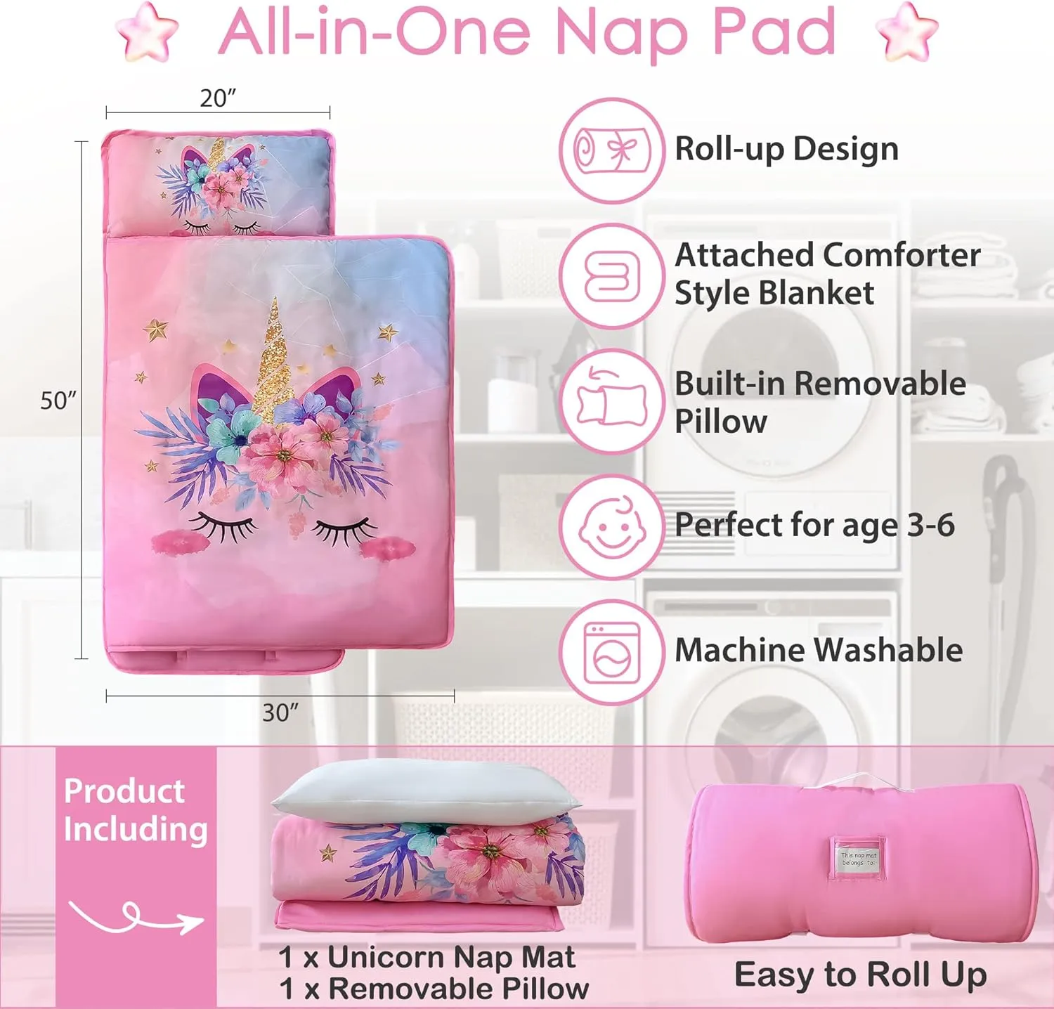 Unicorn Toddler Nap Mats for Preschool Daycare Girls Pink Cartoon Kids Sleeping Mats Toddler Slumber Bag Nap Pad with Removable Pillow for Girls Boys Kindergarten Sleepovers Travel and Camping