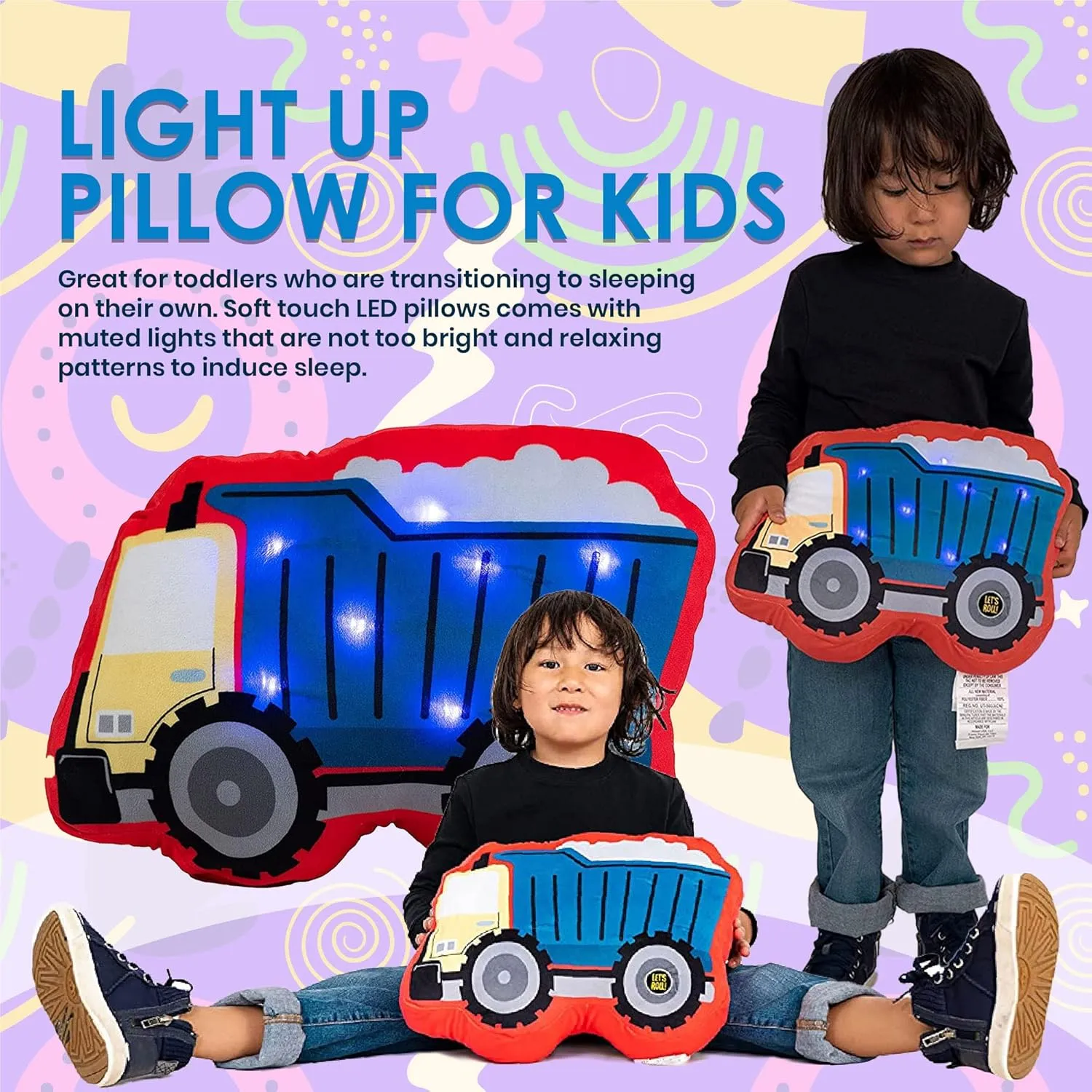 Unicorns & Robots Light Up Pillow for Kids, Plush Led Night Light for Boys and Girls, Oeko TEX Certified, Toddler’s Light Up Sleeping Toy, Dump Truck