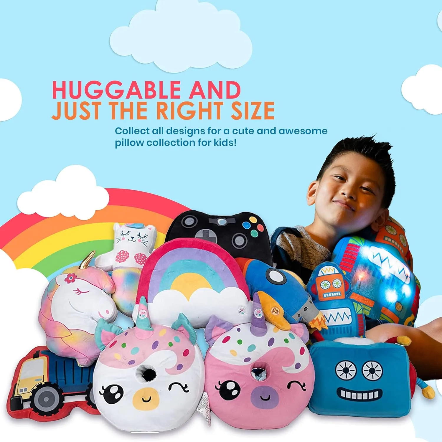 Unicorns & Robots Light Up Pillow for Kids, Plush Led Night Light for Boys and Girls, Oeko TEX Certified, Toddler’s Light Up Sleeping Toy, Dump Truck