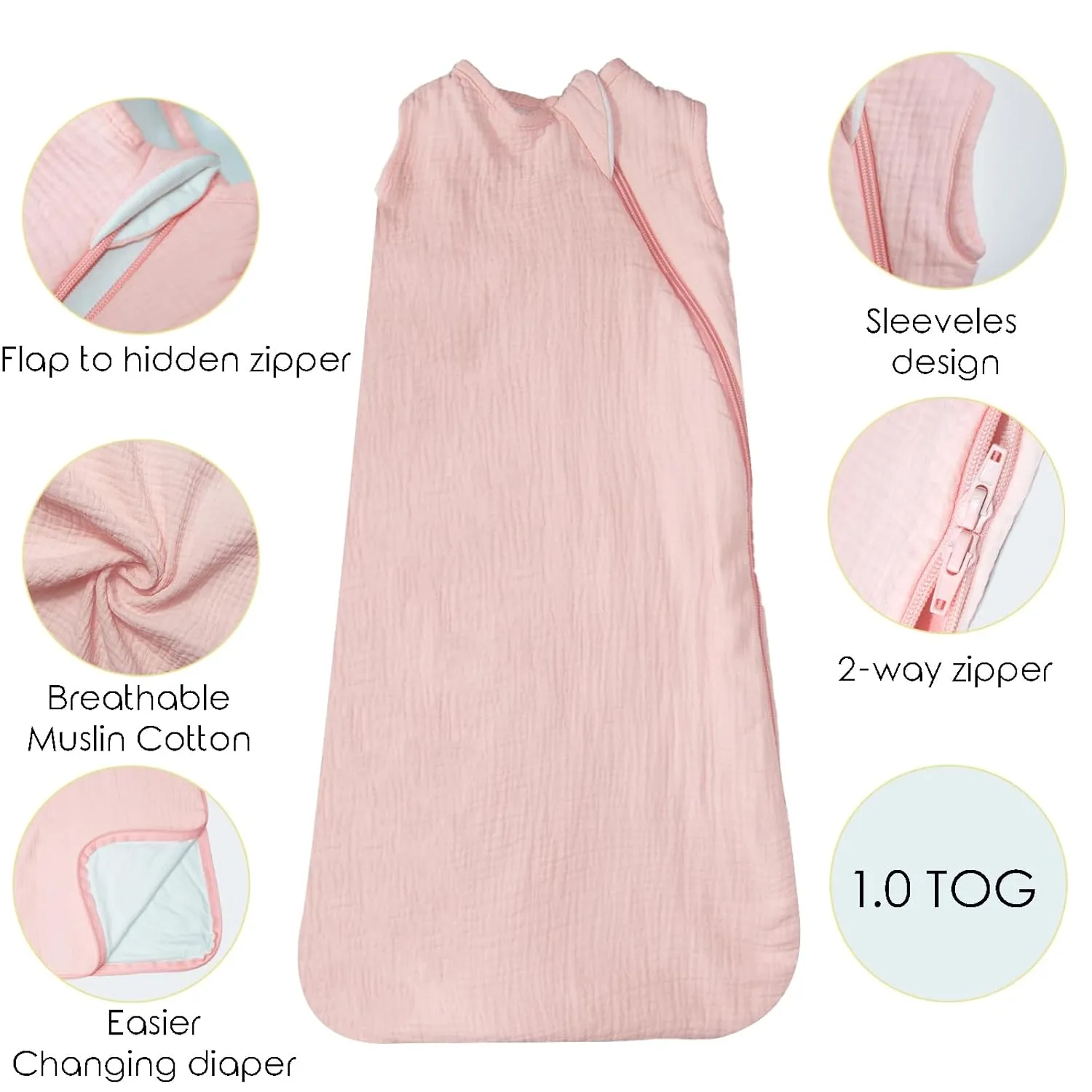 Unisex Organic Cotton Muslin Baby Unisex Wearable Blanket with 2 Ways Zipper 1.0 Tog Sleep Sack for 18-24 Months Pink