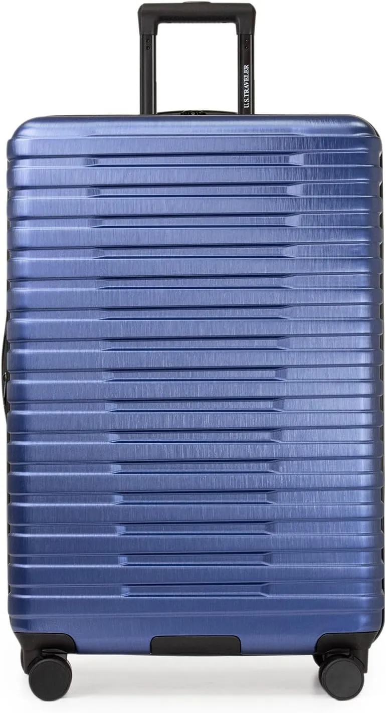 U.S. Traveler Boren Polycarbonate Hardside Rugged Travel Suitcase Luggage with 8 Spinner Wheels, Aluminum Handle, Navy, Checked-Large 30-Inch