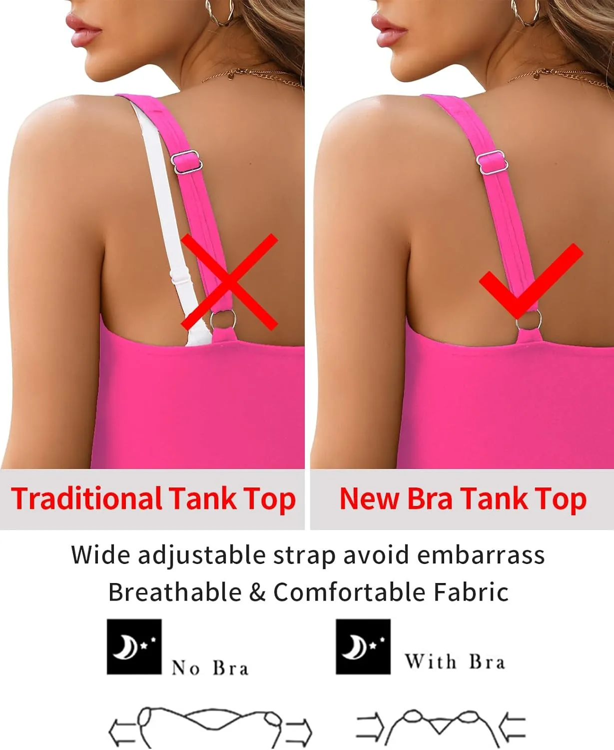 V FOR CITY Tank Top for Women with Built-in Padded Bra Adjustable Wide Strap Camisole Cotton Cami Shirts