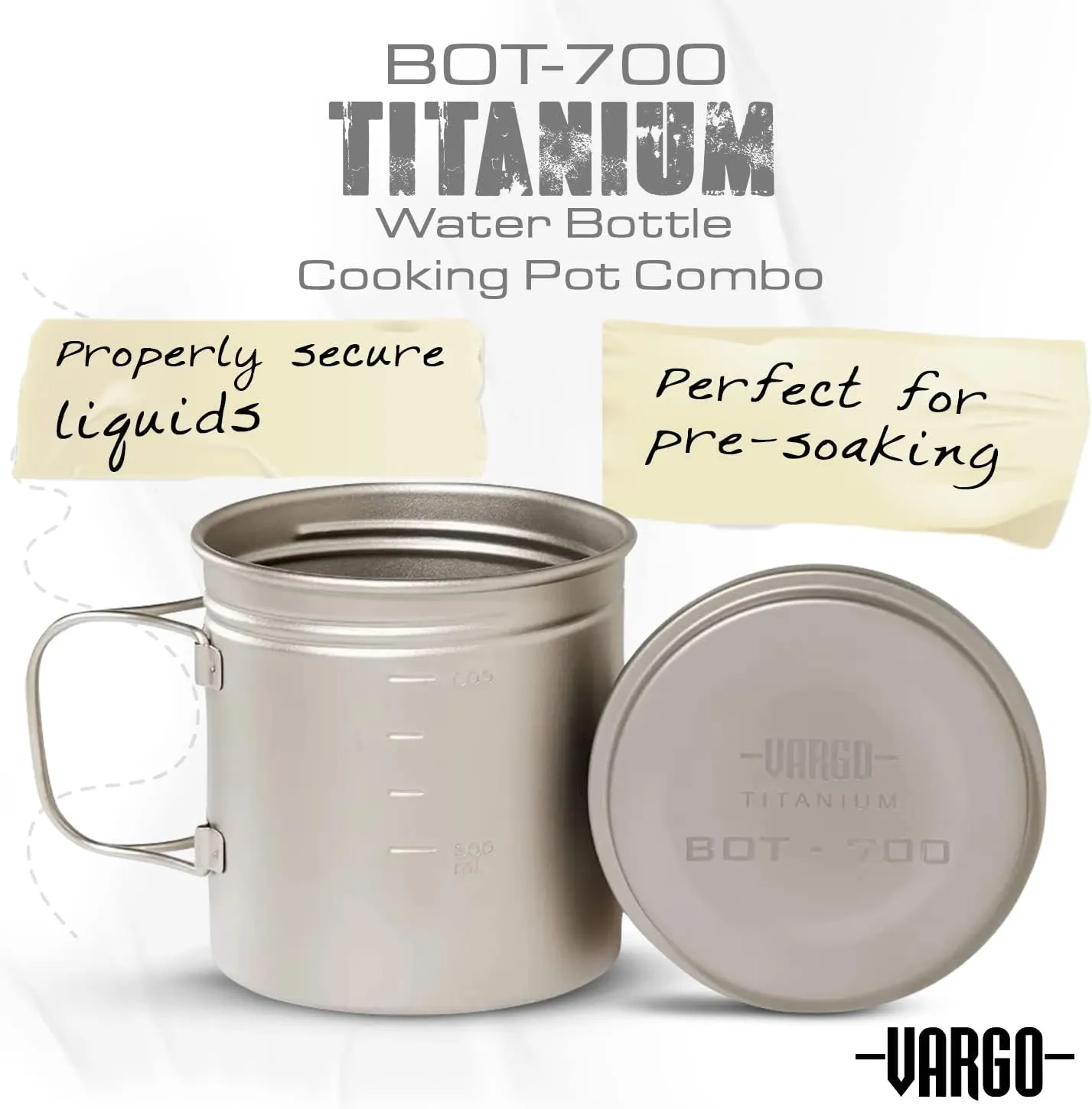 Vargo Titanium BOT Series BOT - 700 | Titanium Cooking Pot and Water Bottle with Foldable Handles and Watertight Lid | 700ml (23 oz.)