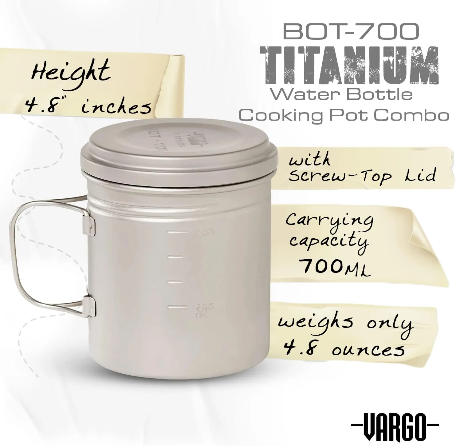Vargo Titanium BOT Series BOT - 700 | Titanium Cooking Pot and Water Bottle with Foldable Handles and Watertight Lid | 700ml (23 oz.)