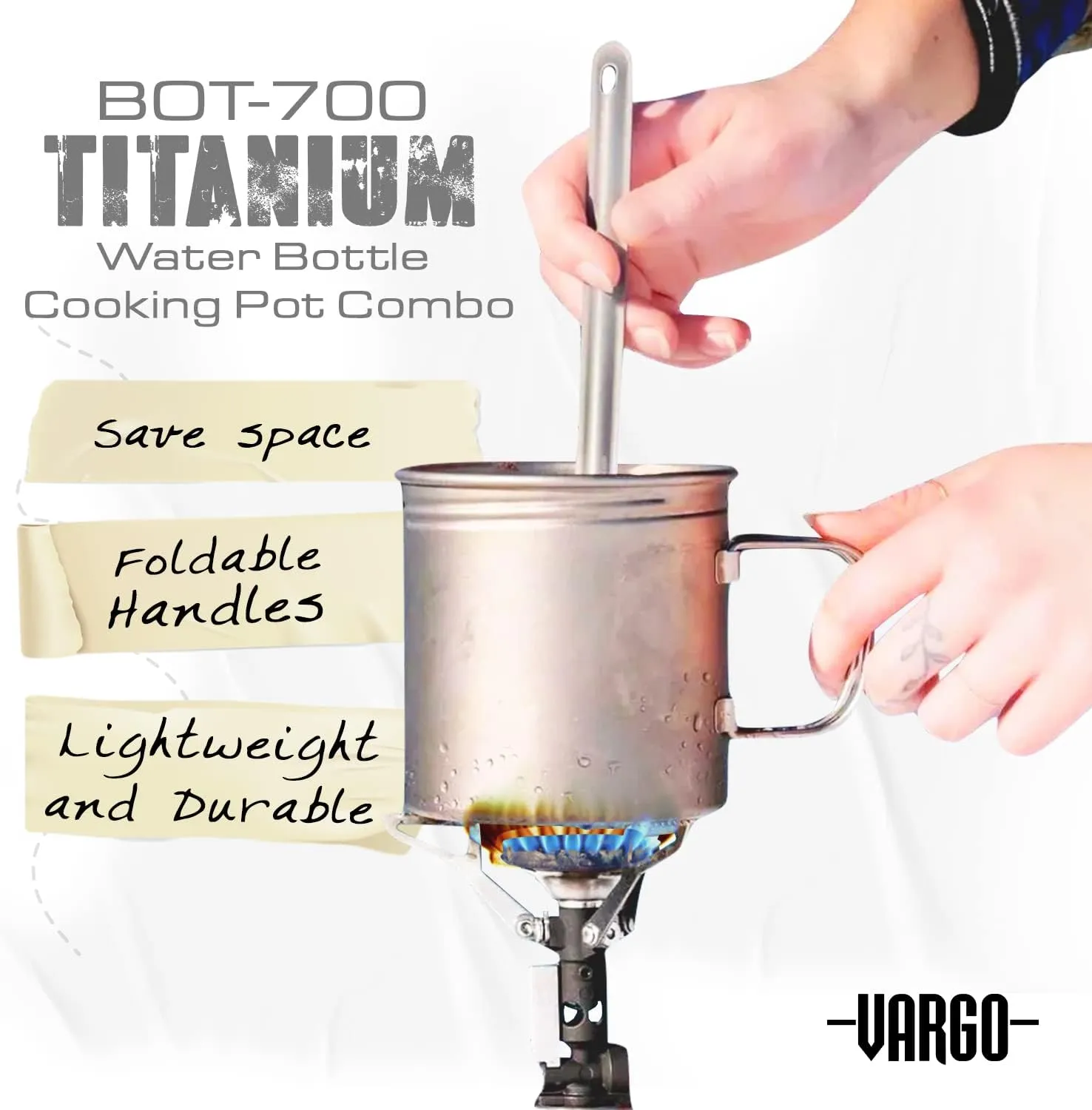Vargo Titanium BOT Series BOT - 700 | Titanium Cooking Pot and Water Bottle with Foldable Handles and Watertight Lid | 700ml (23 oz.)