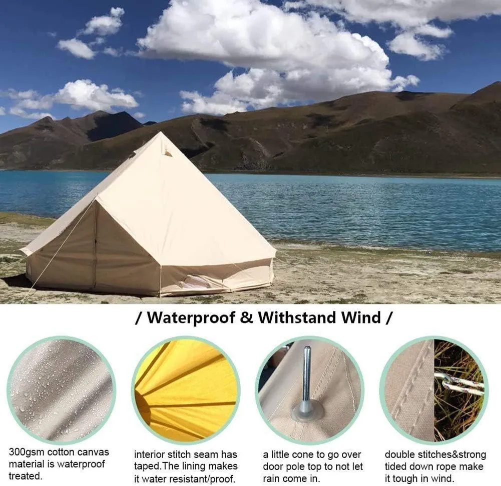VejiA Tents for Camping 4 Season Cotton Bell Glamping Tent Outdoor Family Camping Tent with Zipped Groundsheet Mesh Door for Camping Hunting