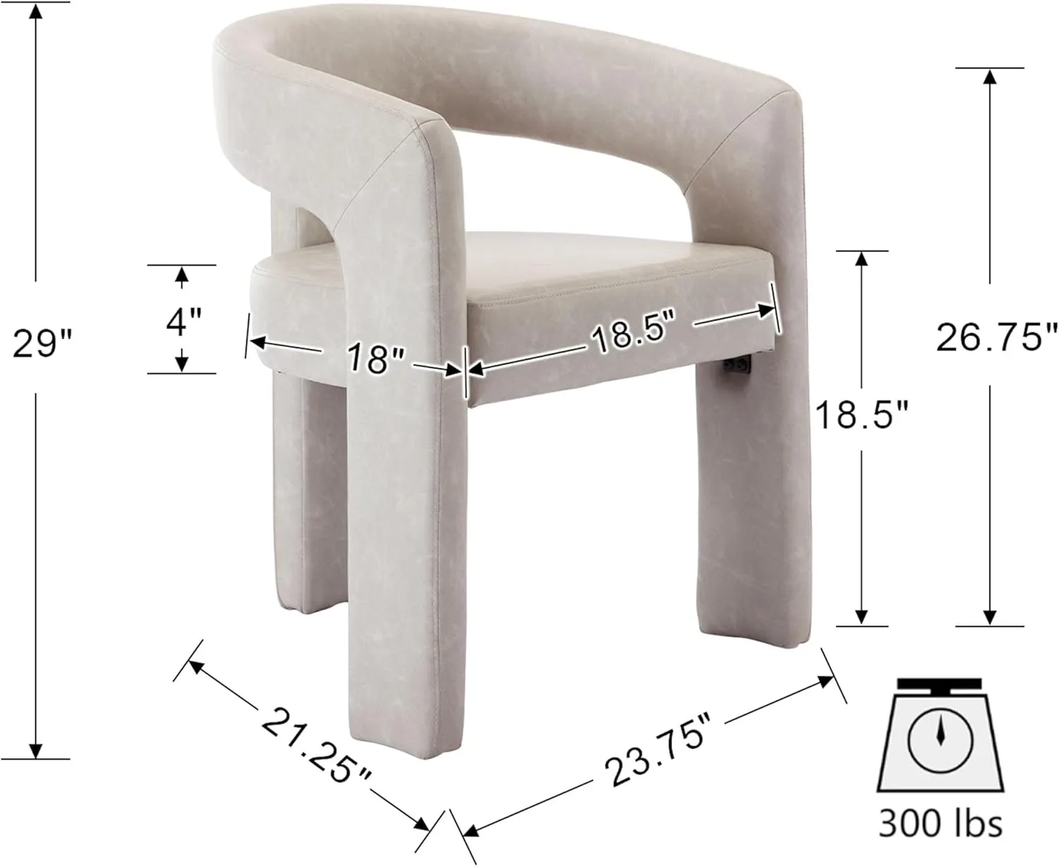 VESCASA Faux Leather Barrel Dining Chair with Open-Back, Upholstered Modern Accent Side Armchair with 3 Legs for Kitchen/Dining Room/Living Room, 1 Chair, Light Grey
