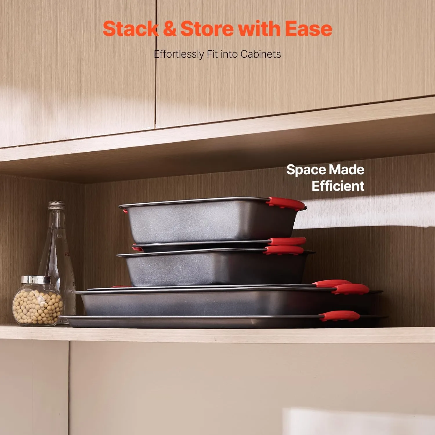 VEVOR Baking Pans Set, 6-Piece, Nonstick Carbon Steel Cookware Sheets & Trays, Stackable Kitchen Oven Bakeware Cooking Sets with Silicone Handles, Easy to Clean, for Baking Cookie Cake Muffin Bread