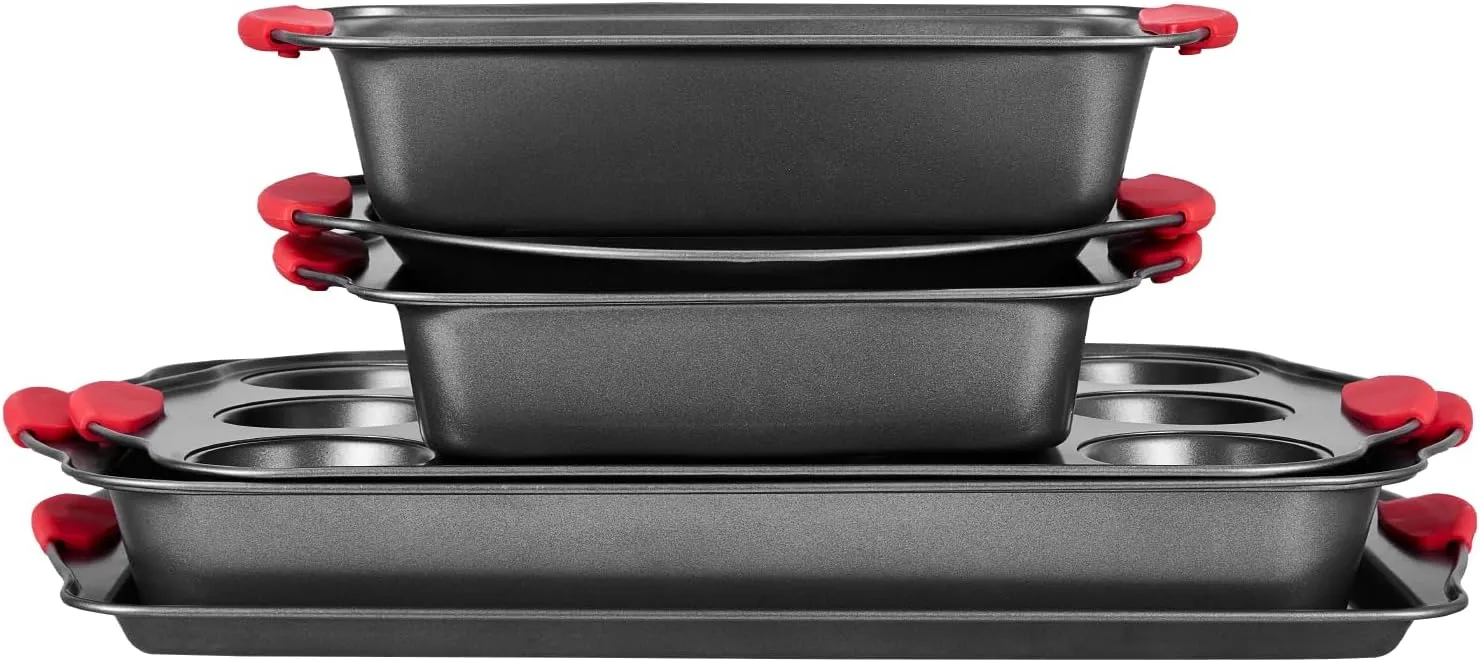 VEVOR Baking Pans Set, 6-Piece, Nonstick Carbon Steel Cookware Sheets & Trays, Stackable Kitchen Oven Bakeware Cooking Sets with Silicone Handles, Easy to Clean, for Baking Cookie Cake Muffin Bread